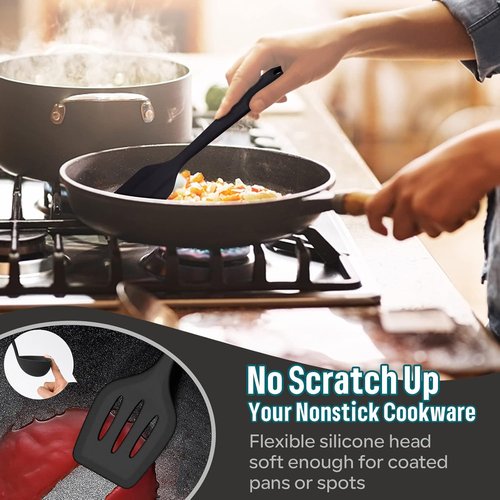 E-far Silicone Cooking Utensils Set - 7-Piece Heat Resistant Nonstick Kitchen Tools | Black, Non-Toxic & Dishwasher Safe