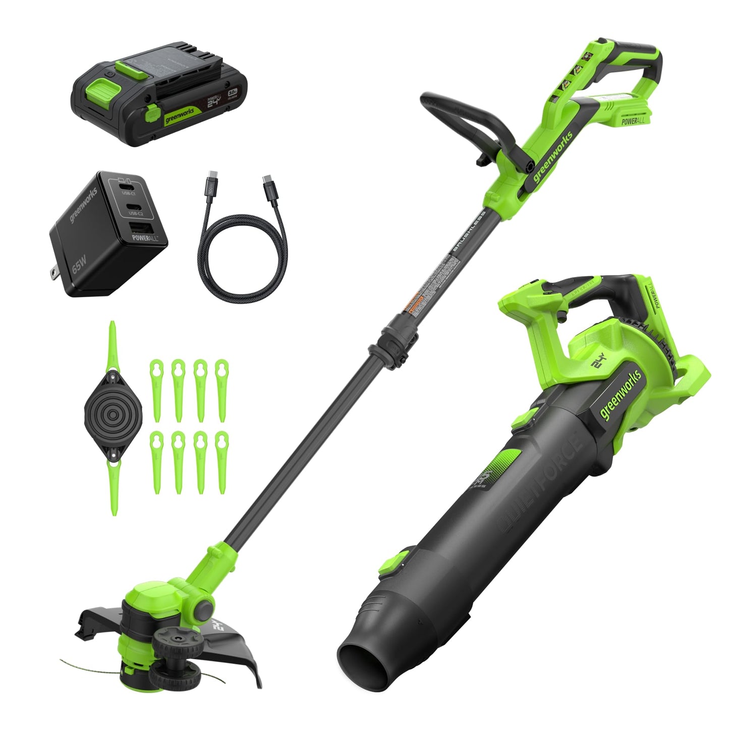 Greenworks 24V 12" Brushless String Trimmer & 515 CFM Brushless Leaf Blower Combo, 2-in-1 Trimmer/Edger, 3.0Ah Battery, 65W USB-C Charger, 130 MPH Airspeed, 3-Year Warranty