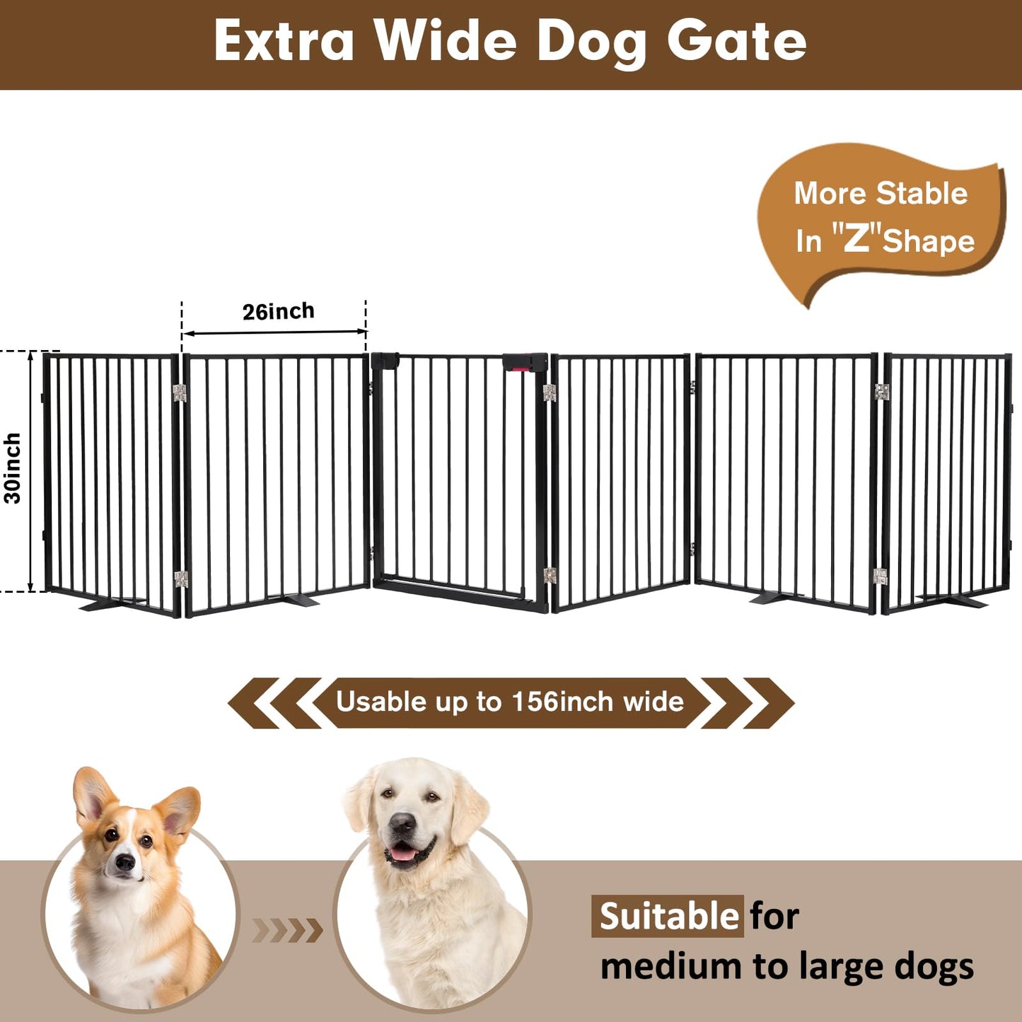 Furggis 156" Extra Wide Dog Gate, Heavy Duty Metal Freestanding Dog Gate with Door for Indoor & Outdoor, Foldable Pet Fence for Doorways,House,Porch,Deck,Yard,Stairs, Auto Close(6 Panels,Black)