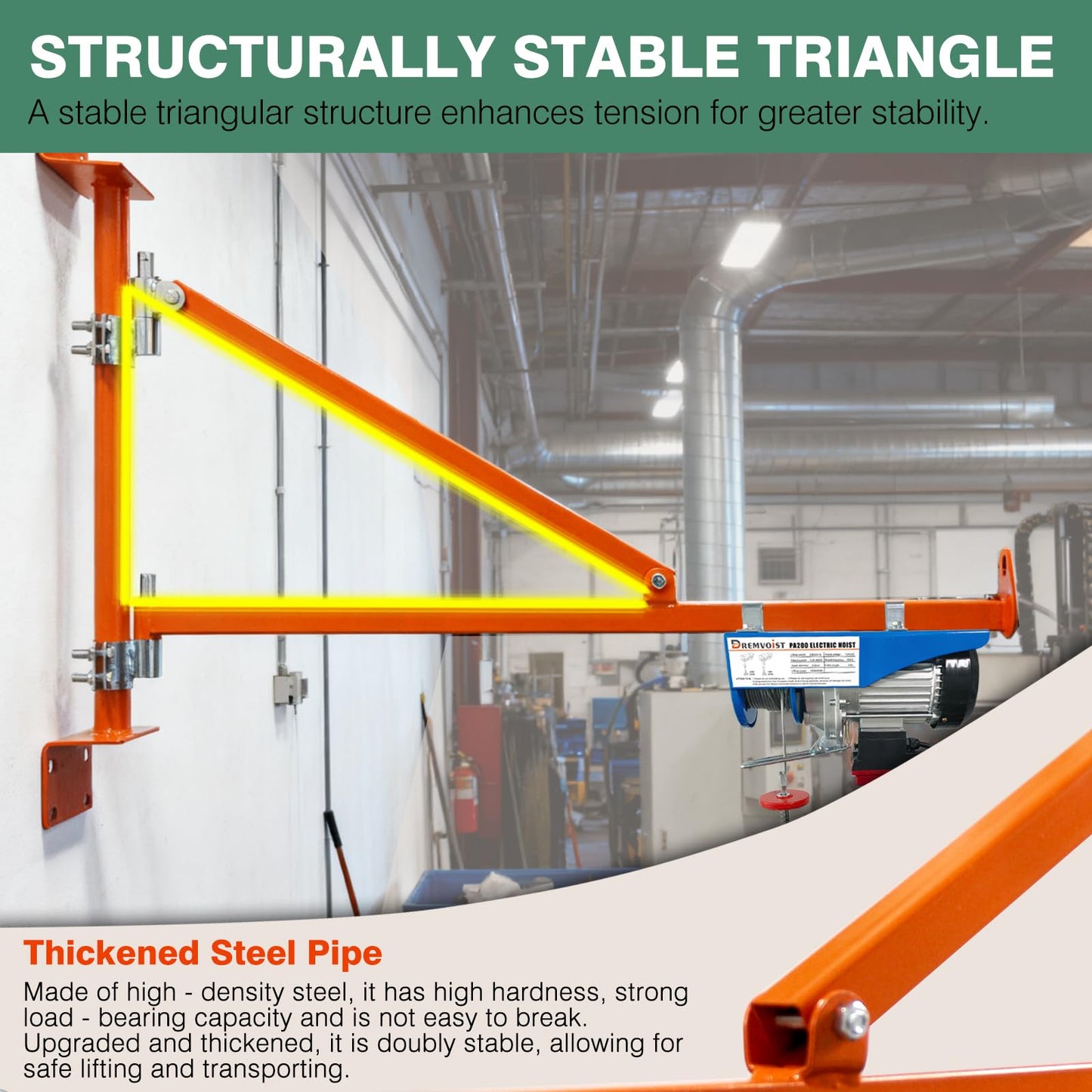 Wall Mount Jib Crane, Hoist Support Arm with 180°Swing, Electric Scaffolding Lift, Hoist Bracket, All Steel Construction 660LBS Capacity, Electric Hoist Holder Swing Arm with Pole, for Electric Hoist