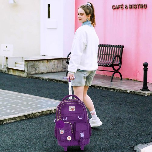 CCJPX 3PCS Rolling Backpack for Girls, Women Roller Bookbag with Lunch Box for Adults, Water Resistant Wheeled School Bag for Teens Kids Travel - Dark Purple