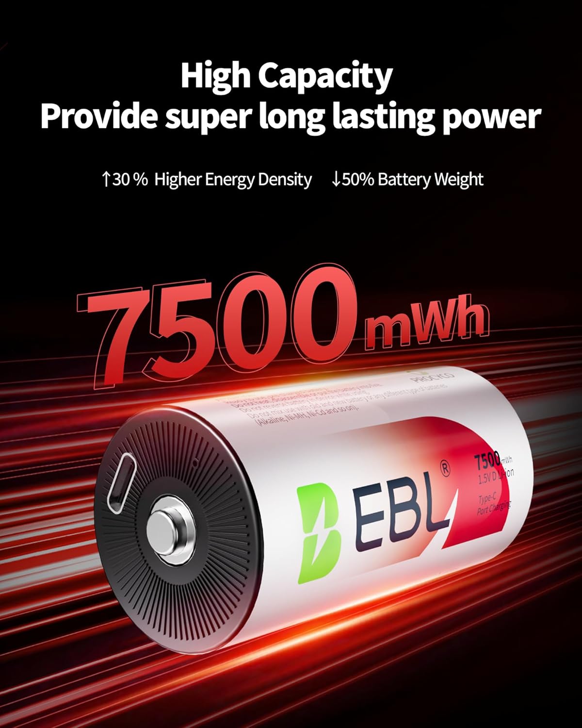 EBL 7500mWh 1.5V 1600+ 2 (4 Pack) Rechargeable D Batteries Lithium Cycles with USB-C Cables for Cameras, Floodlight
