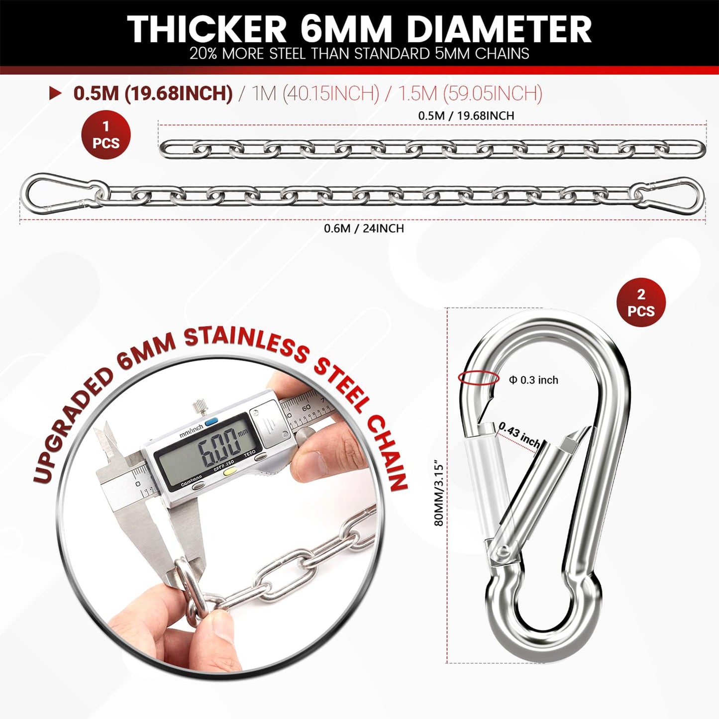 sprookber 1000LB Heavy Duty Hanging Swing Chain, 6mm Thick 304 Stainless Steel Hanging Chain with 2 Carabiners, 25" Hardware Kit for Hammock, Hanging Chair, Punching Bags, Tree, Indoor & Outdoor
