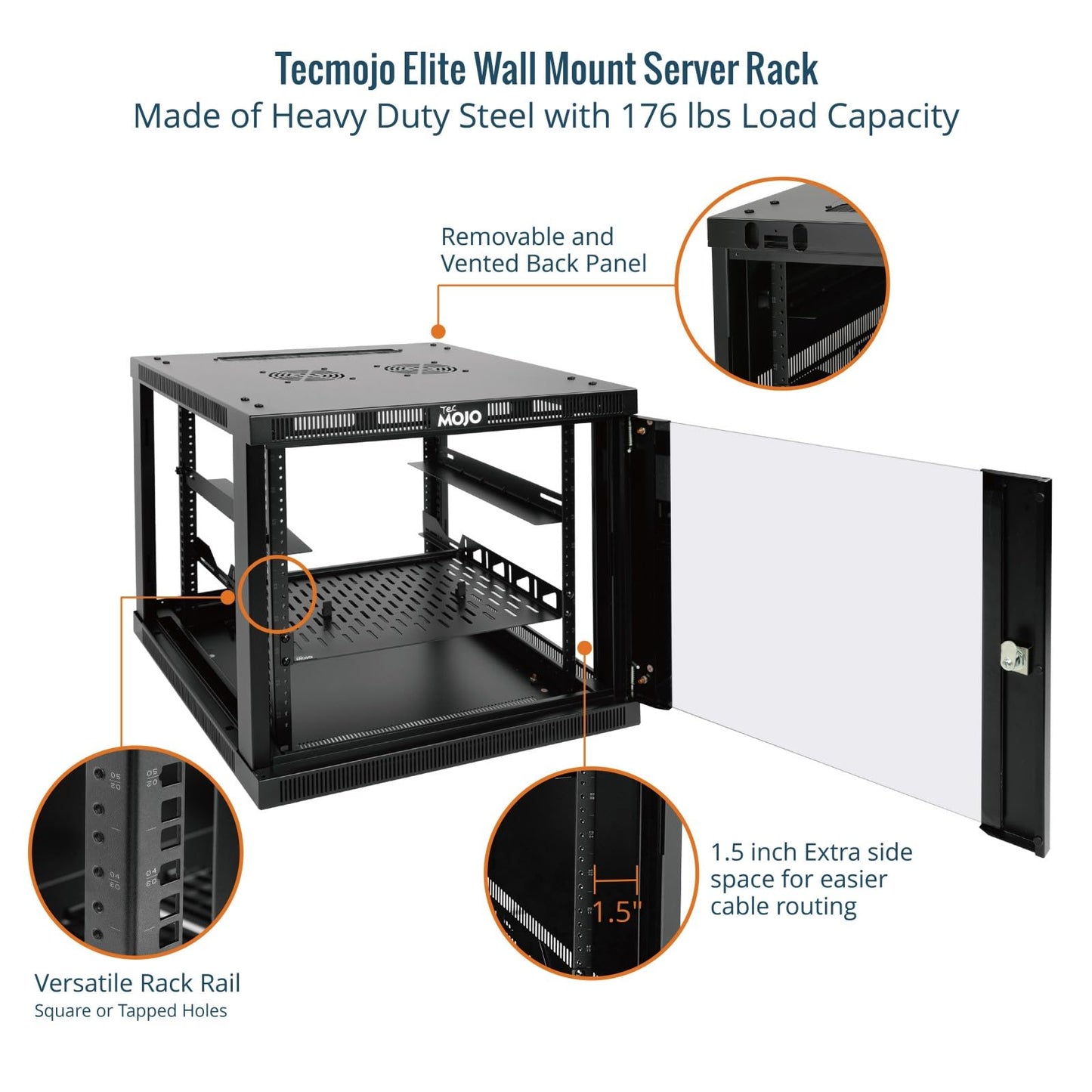 Tecmojo 9U Wall Mount Rack Cabinet, Heavy-Duty 176 Lbs High Load Capacity, 19” Enclosed Server Network Rack with Glass Door, 17.7” Deep – Elite Collection