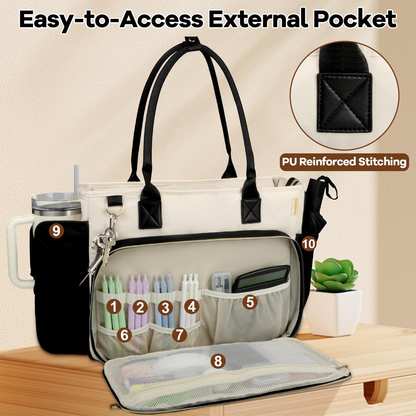 15.6 Inch Teacher Tote Bag for Women with Large Cup Holder& Laptop Compartment, Utility Work Tote Bag with Internal