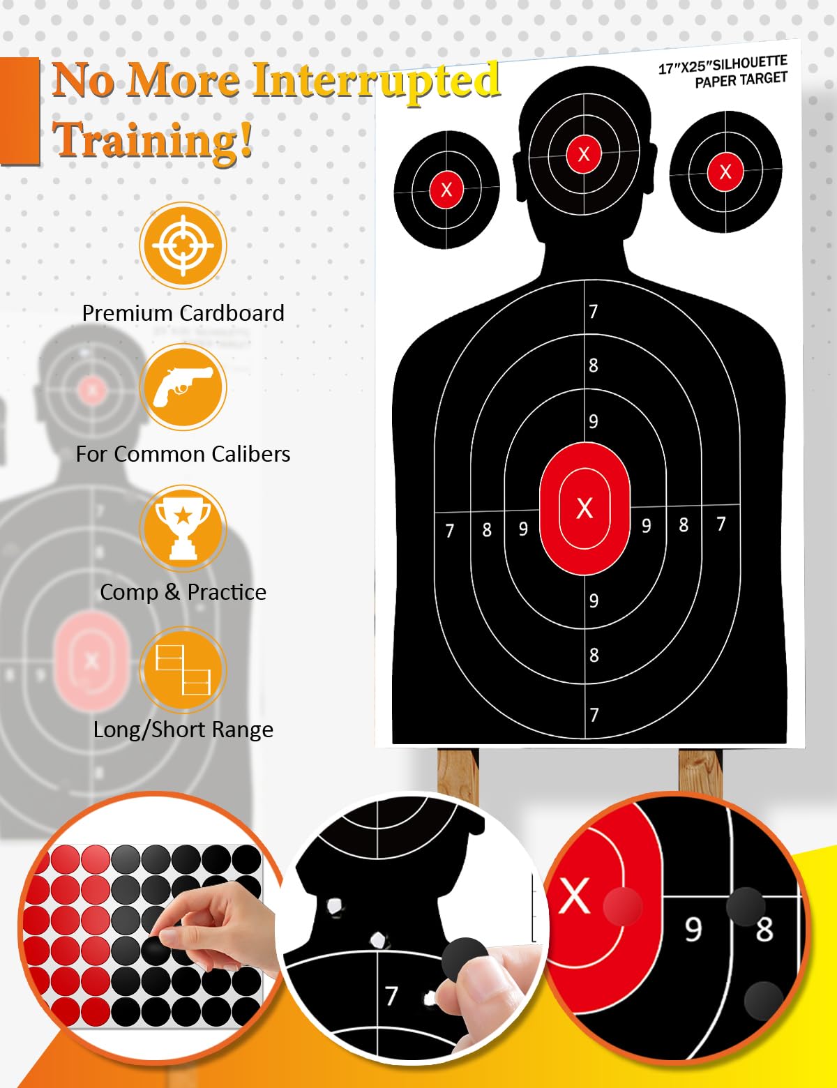 LAKINGO Shooting Targets for Range Practice - 17x25 Inch Silhouette Paper Targets with Stickers, Indoor/Outdoor Use for Pistol, Rifle, Airgun, Pellet Gun, BB Guns