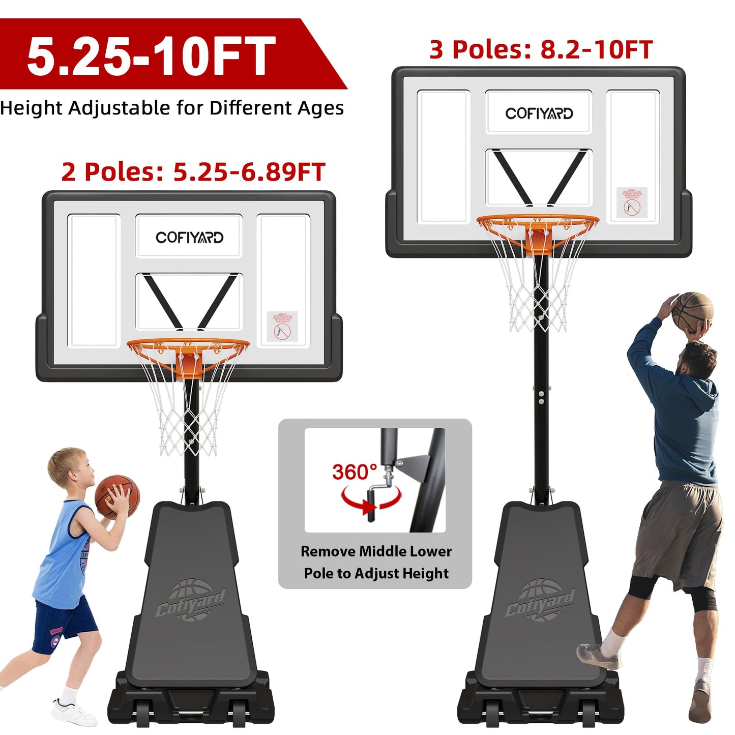 Cofiyard Basketball Hoop Outdoor with 44&48&54In Shatterproof Backboard, 5.25-10FT Height Portable Basketball Hoop with Sandbag, Adjustable Basketball Goal System