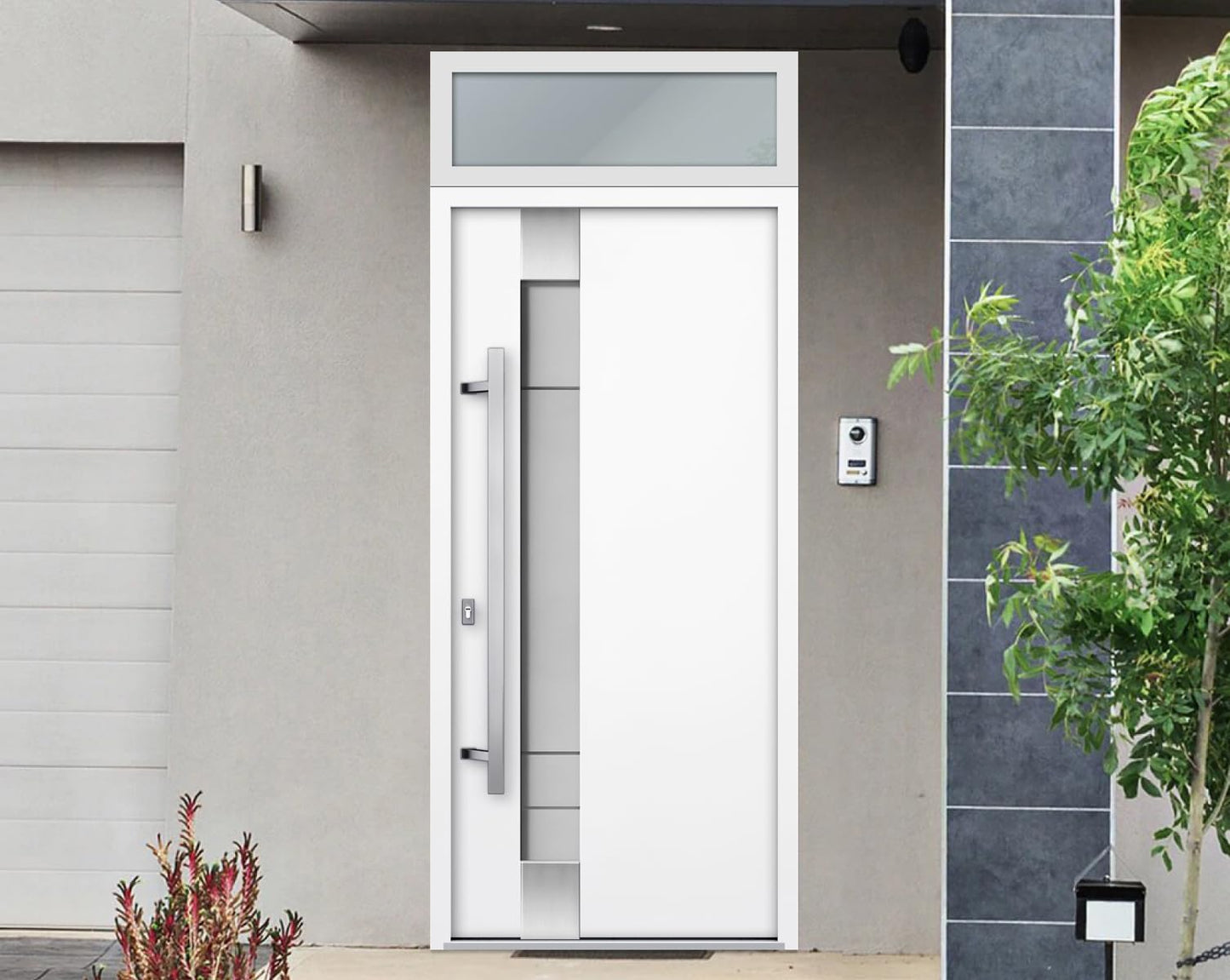 VDOMDOORS Front Exterior Prehung Steel Door/Deux 1713 White Enamel/Top Exterior Black Window/Stainless Inserts Single Modern Painted-W36 x H80+16"-Right-Hand Inswing