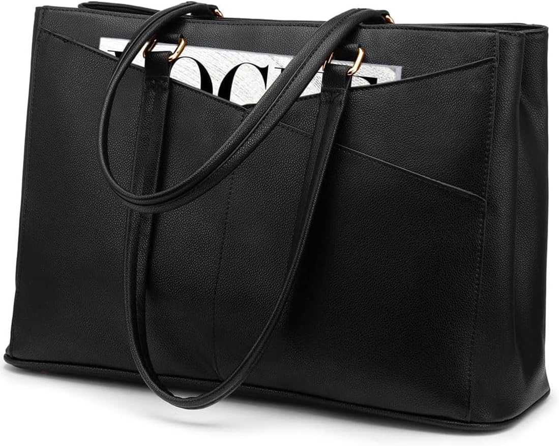 LOVEVOOK 15.6 Inch Laptop Tote Bag for Women Waterproof Leather Computer Bags Business Office Work Briefcase Black