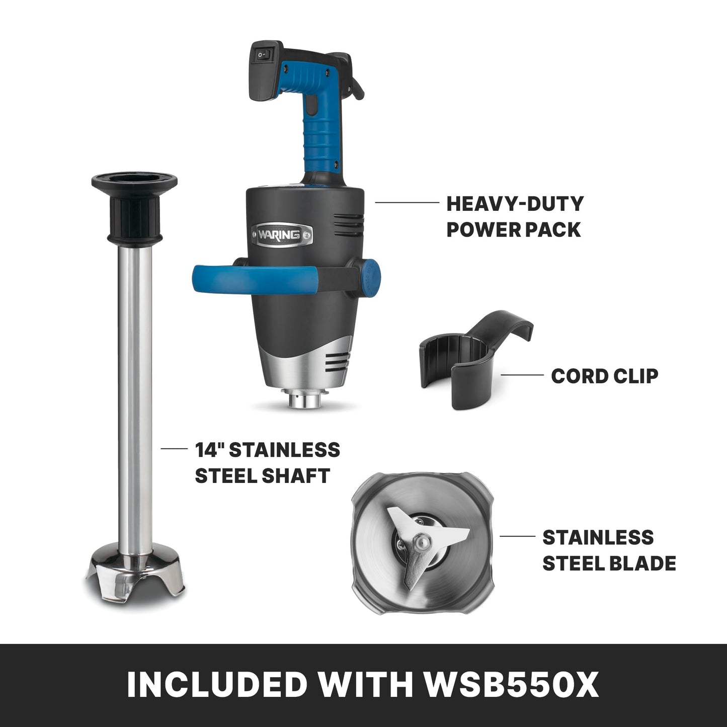 Waring Commercial EvolutionX Immersion Blender, 1.5 Horsepower Motor, 14" Stainless Steel Shaft, Variable Speed, 15-Gallon Capacity, for Professional Hand Blender for Kitchens & Catering, WSB550X