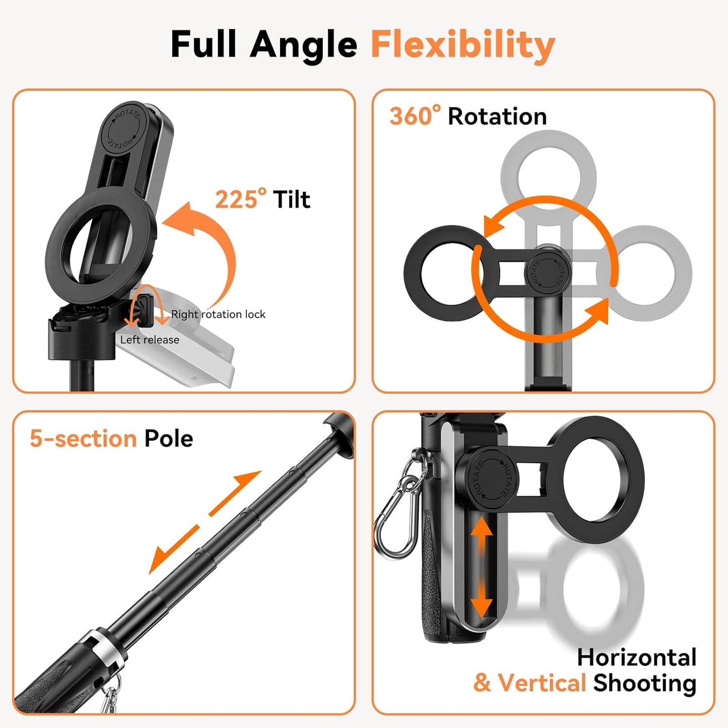 CloudValley 4-in-1 360 Magnetic Mini Selfie Stick Tripod, Pocket Size Phone Tripod with Rotation, Choice Rechargeable
