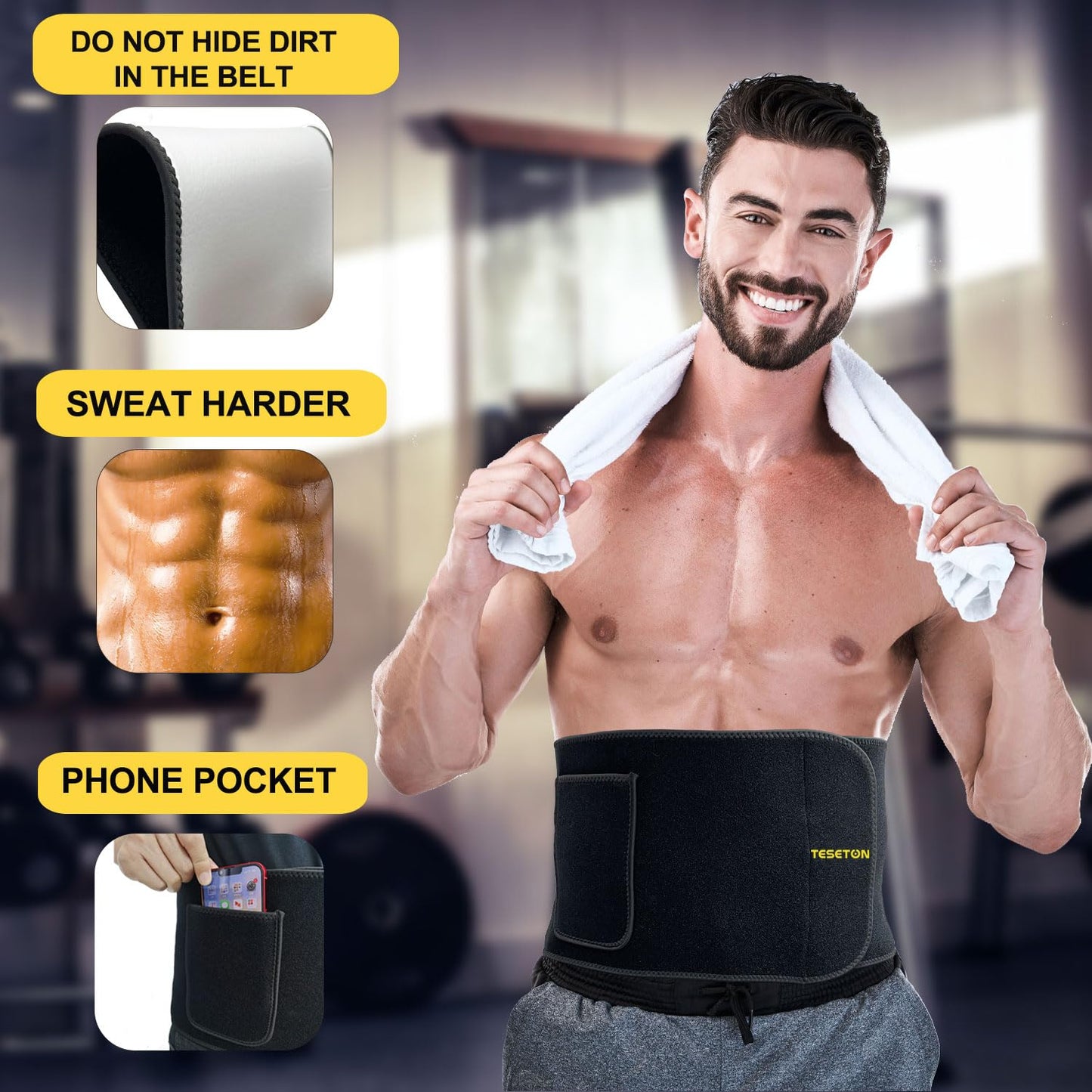 TESETON Waist Trainer for Men Women, Sweat belt for Men Women, Workout Waist Trimmer, Sweat Belt Sweatband Waist Sport Girdle Sauna Abdominal Belly for Fitness 01 Black M