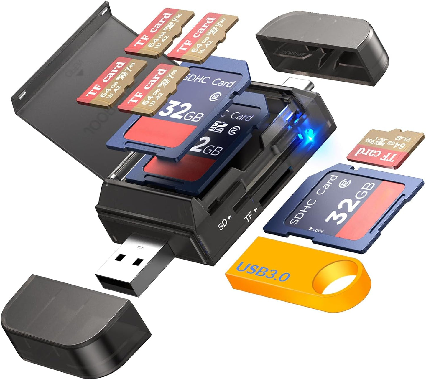 JOOPSHEE 6-in-1 3.0 SD/SDHC/SDXC/MMC SD/TF Card Reader Adapter with SD Card Storage USB A & Type C Port & USB Slots