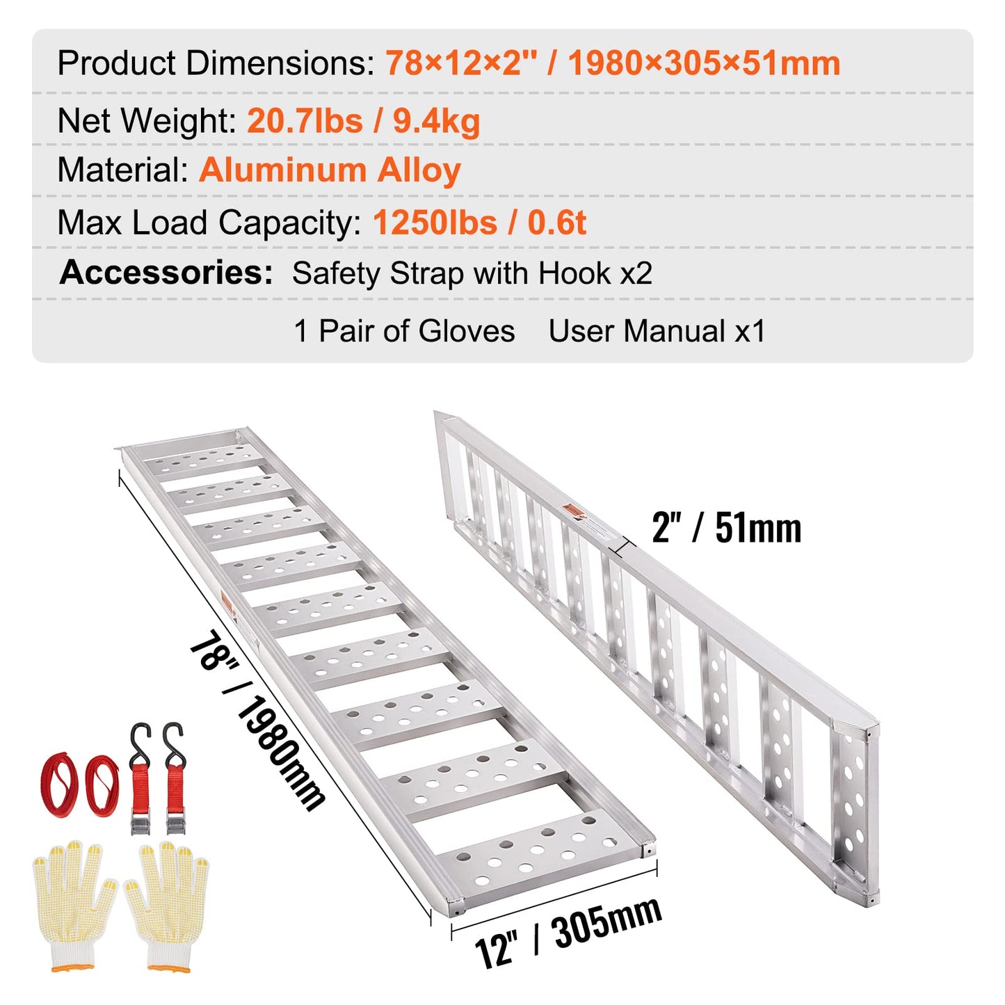 VEVOR Aluminum Ramps, 1250lbs, Straight Ramp with Treads and Load Straps, Portable Loading Ramp for Motorcycles, ATVs, Trucks, Lawn Mower, Dirt Bike, Garden Tractor, 78" L x 12" W, 2Pcs
