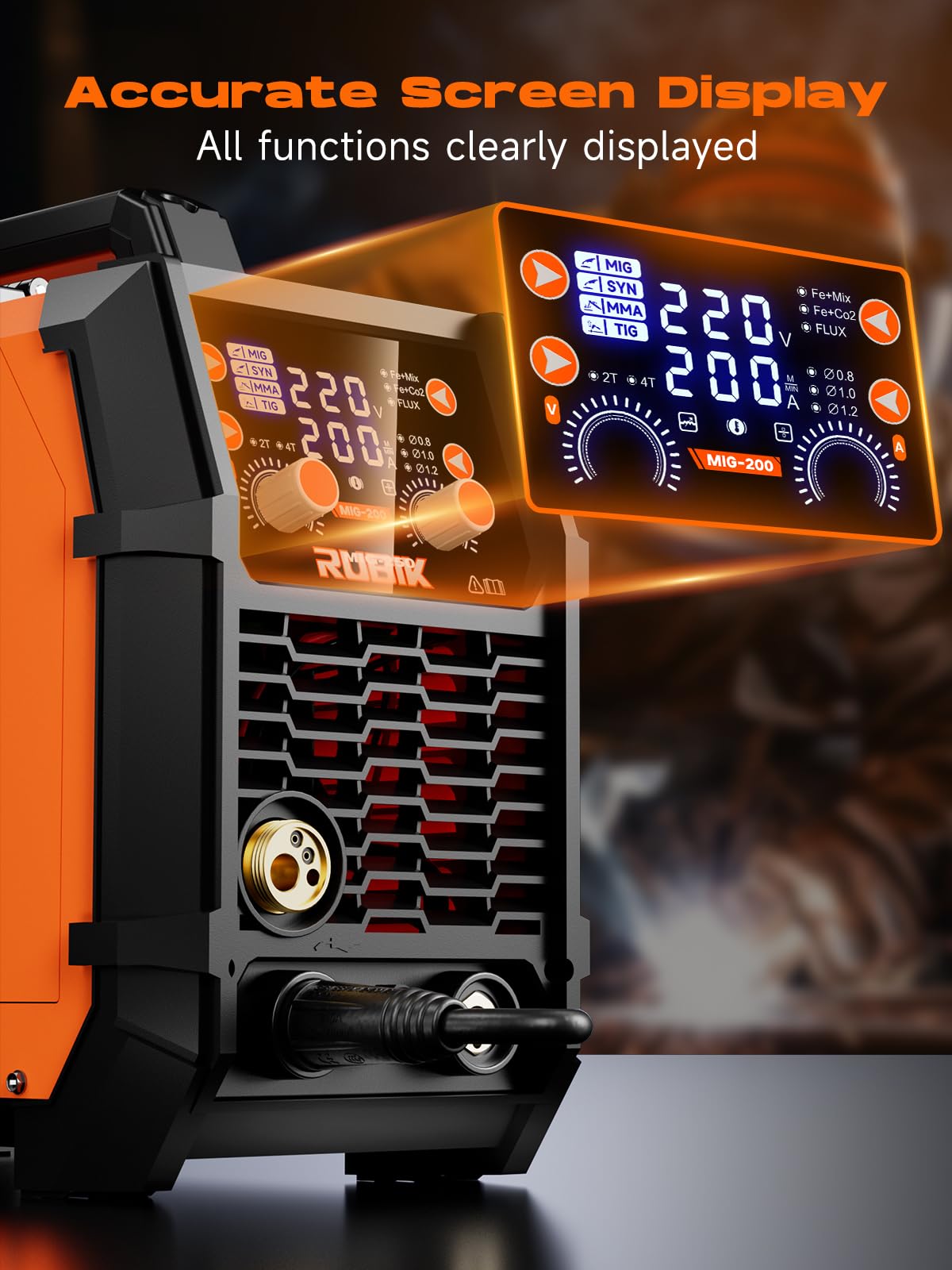 RUBIK MIG Welder,200 Amp 5 in 1 Flux Core Welder,Gas MIG/Gasless Flux Core MIG/Stick/Lift TIG/Spot welding/Spool Gun 110V/220V Aluminum Multi Process Welding Machine with Large LED Digital Display