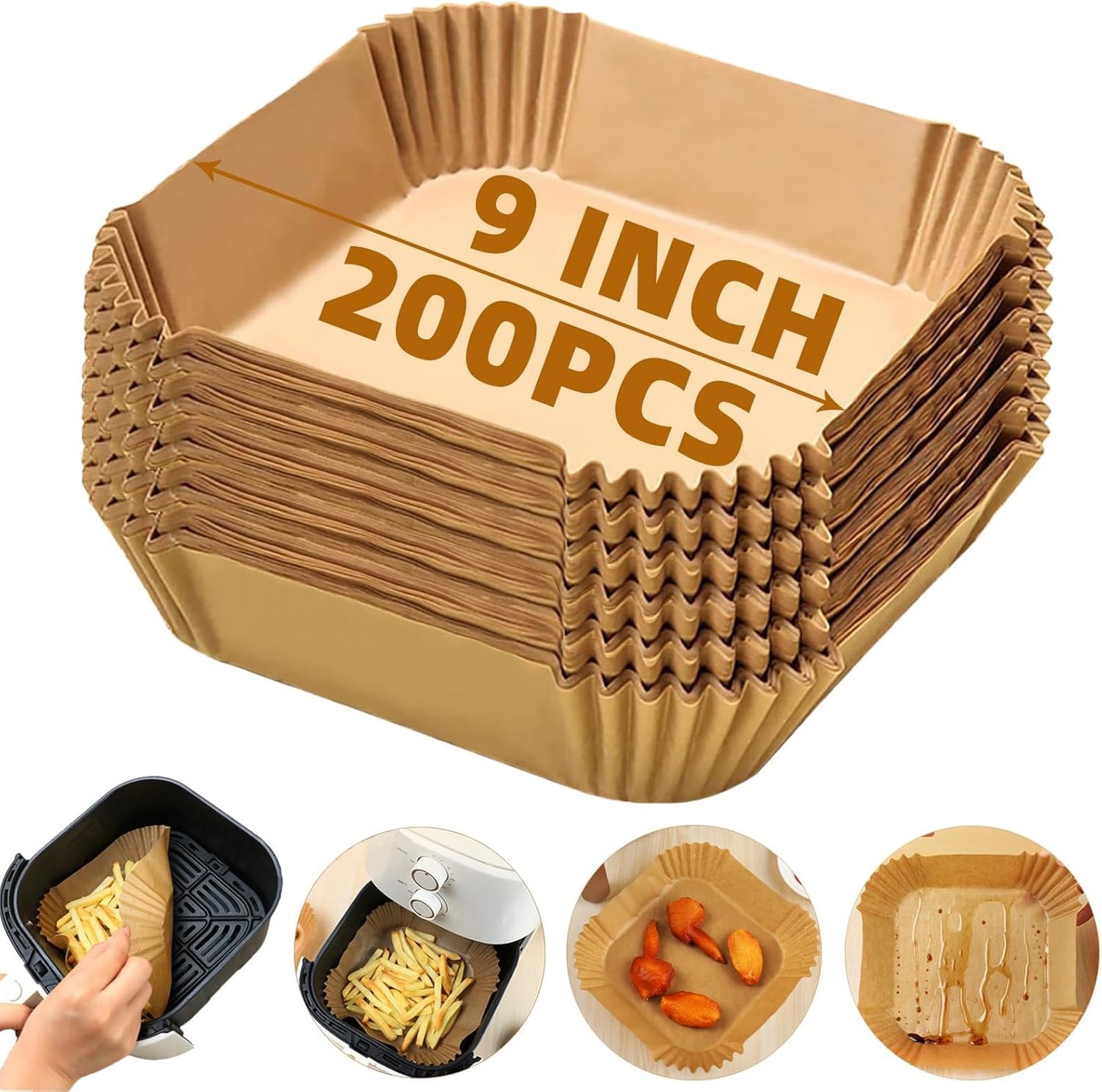 Air Fryer Liners | Non-Stick Disposable Parchment Paper for Baking & Roasting - 200 PCS 9'' Square for 5-8QT