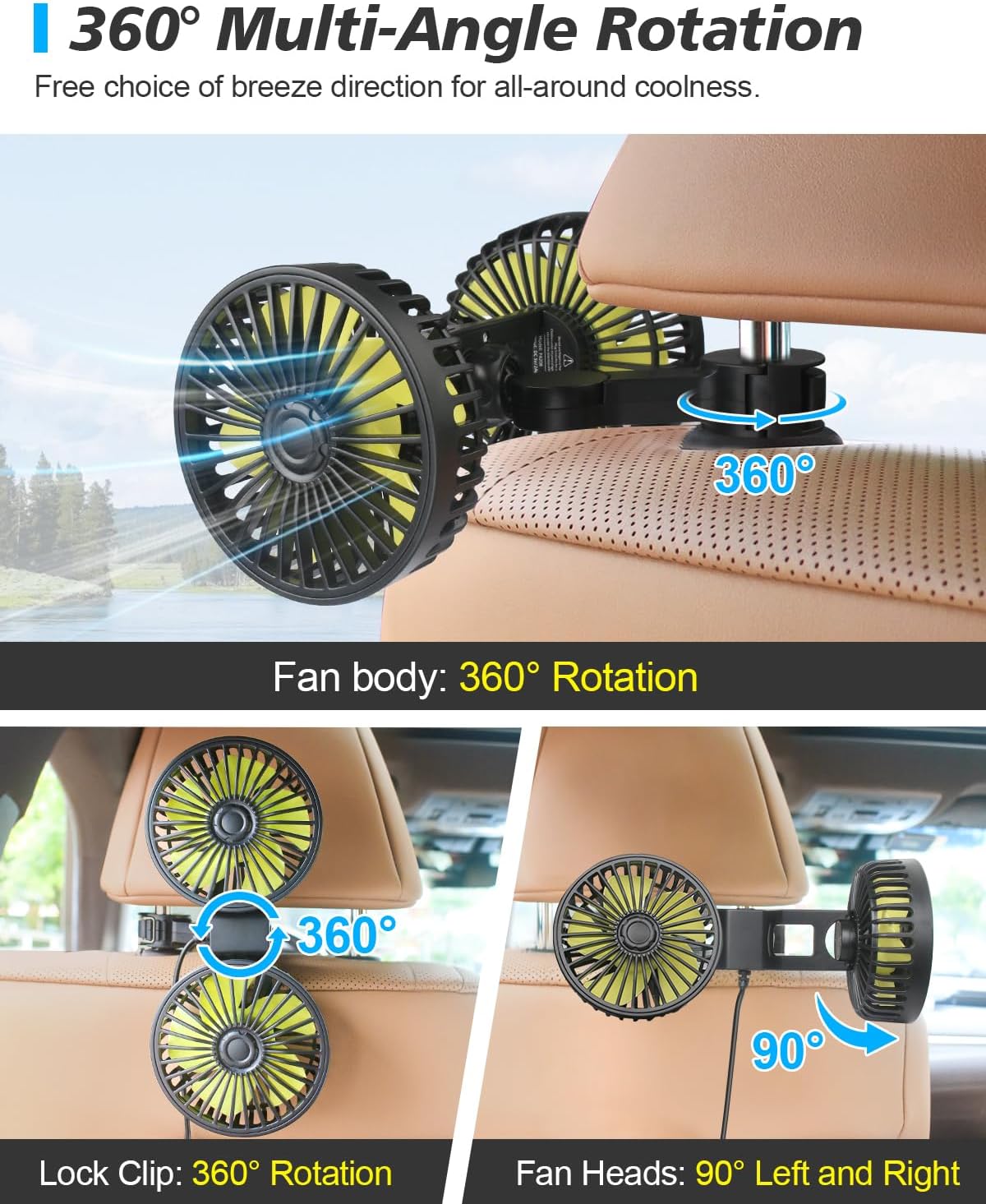 3 360 Poraxy Car Fans for Backseat Kids, Dual Head Car Fans that Blow Cold Air, Cooling USB Back Seat Speed Degree