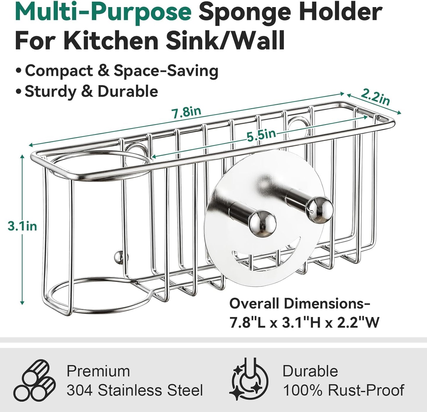 Scrub Daddy 3-IN-1 Multiuse Sponge Holder - Kitchen Sink Organizer with Suction Cups & Adhesive Hook