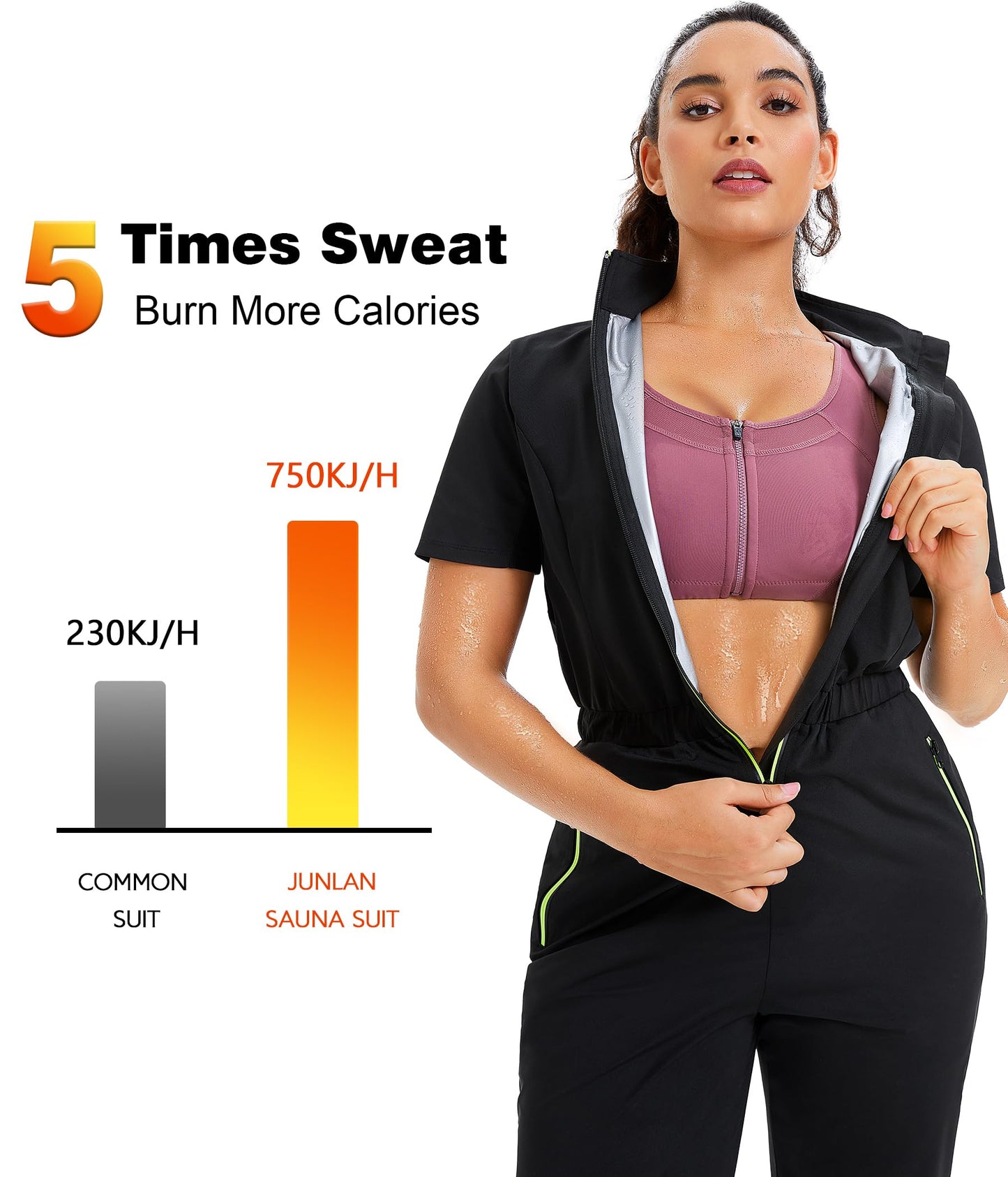 Junlan Sauna Suit for Women Sweat Jumpsuit Stand Collar Heat Trapping Shirt for Women Workout Sports(Black,Large)