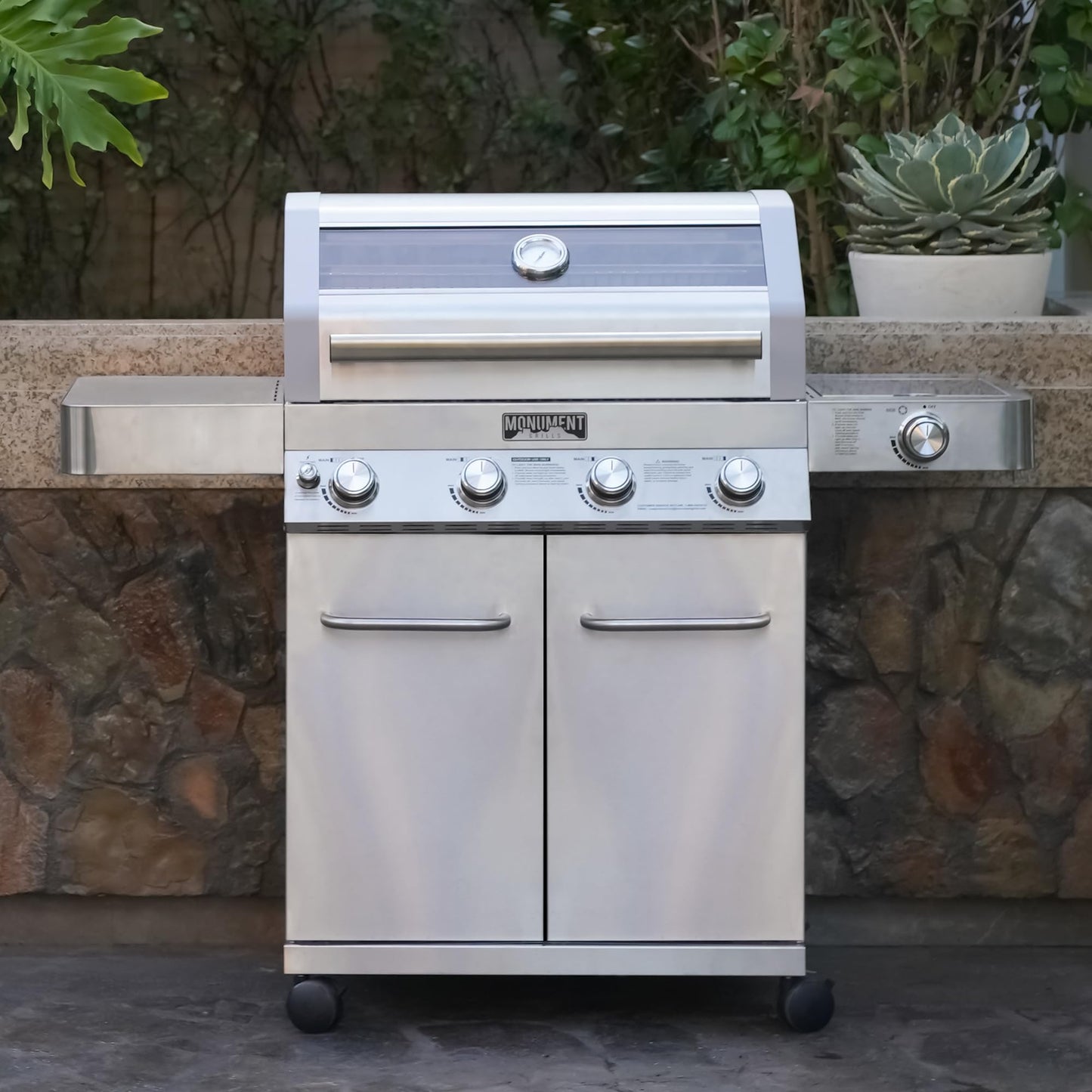 Monument Grills Larger Convertible 4 Burner Natural Gas Grill Stainless Steel Cabinet Style Propane Grills, LED Controls,Side Burner(Without Conversion Kit)