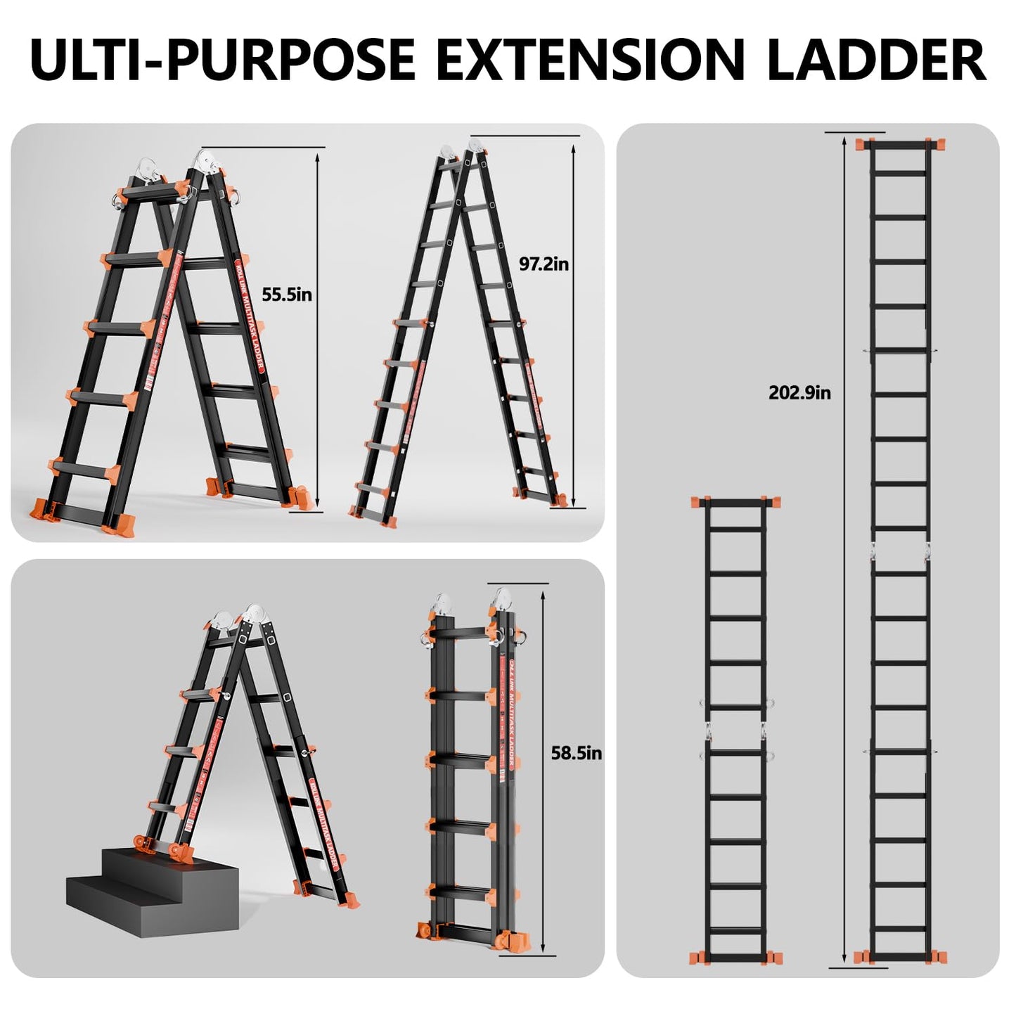 KOLL LINK Ladder 17FT,Multi Position 5 Step Ladder Extension, Anti-Slip A Frame Folding Ladder with Removable Tool Tray, 330lbs Adjustable Telescopic Aluminum Ladders for Stairs Home Indoor Outdoor