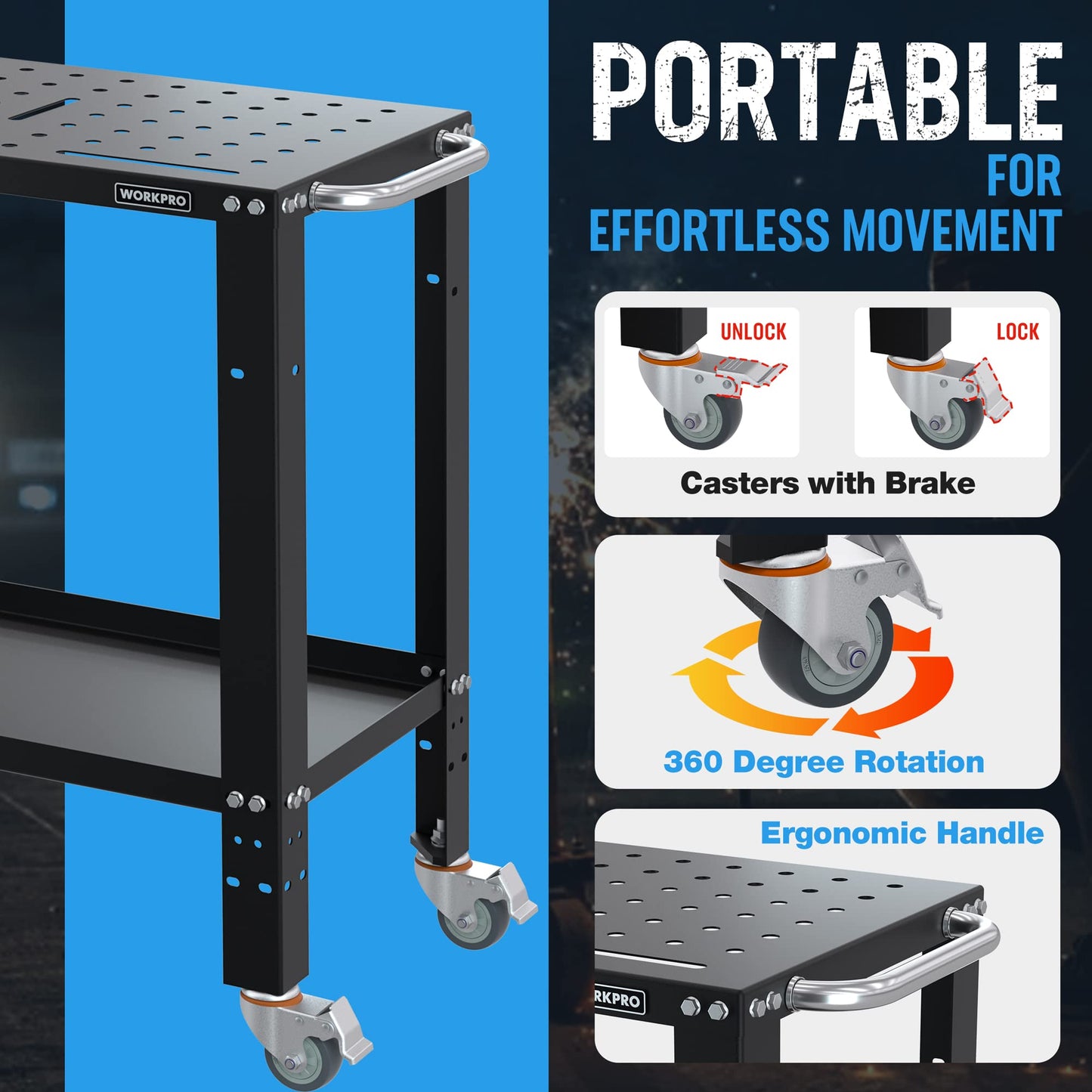 WORKPRO 36”×18” Welding Table, 1200 lbs Load Capacity, Nitriding Tabletop, Portable Welding Table with 5/8" Holes on Top, Welding Cart, Casters with Brakes
