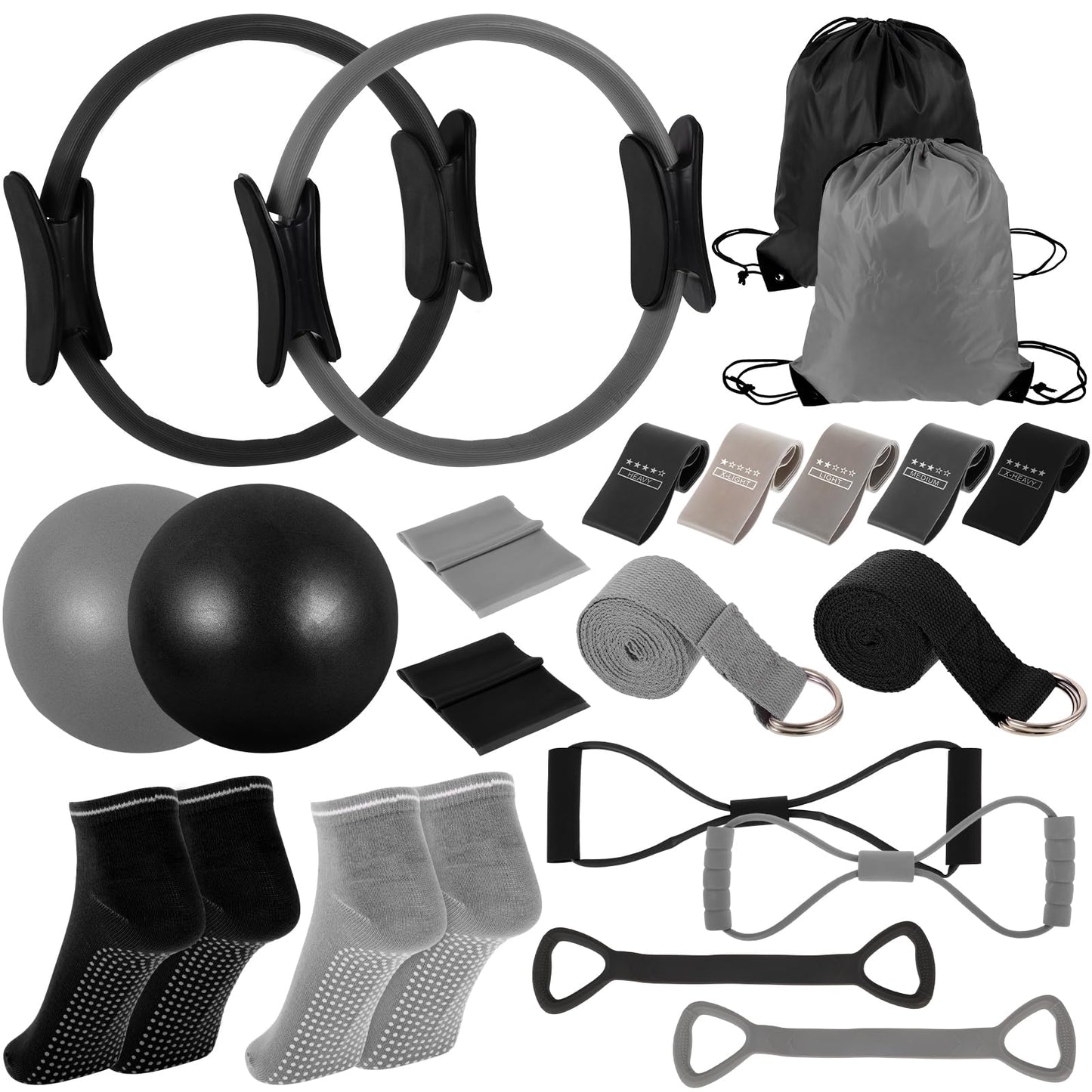21 Pcs Pilates Ring Circle Set for Women, Includes Ball Yoga, Ring Stretching, Strap Bands, Non Slip Socks, Back Bags for Workout, Commonly Used for Yoga, Pilates, Stretching, Fitness(Black,Gray)