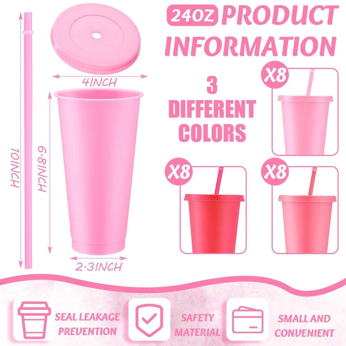 Skylety 24 Pcs Hot Pink Plastic Cups with Lids and Straws 24 oz Hot Pink Reusable Tumbler Party Supplies for Drinks Cups Bulk for Wedding Bridal Baby Shower Birthday