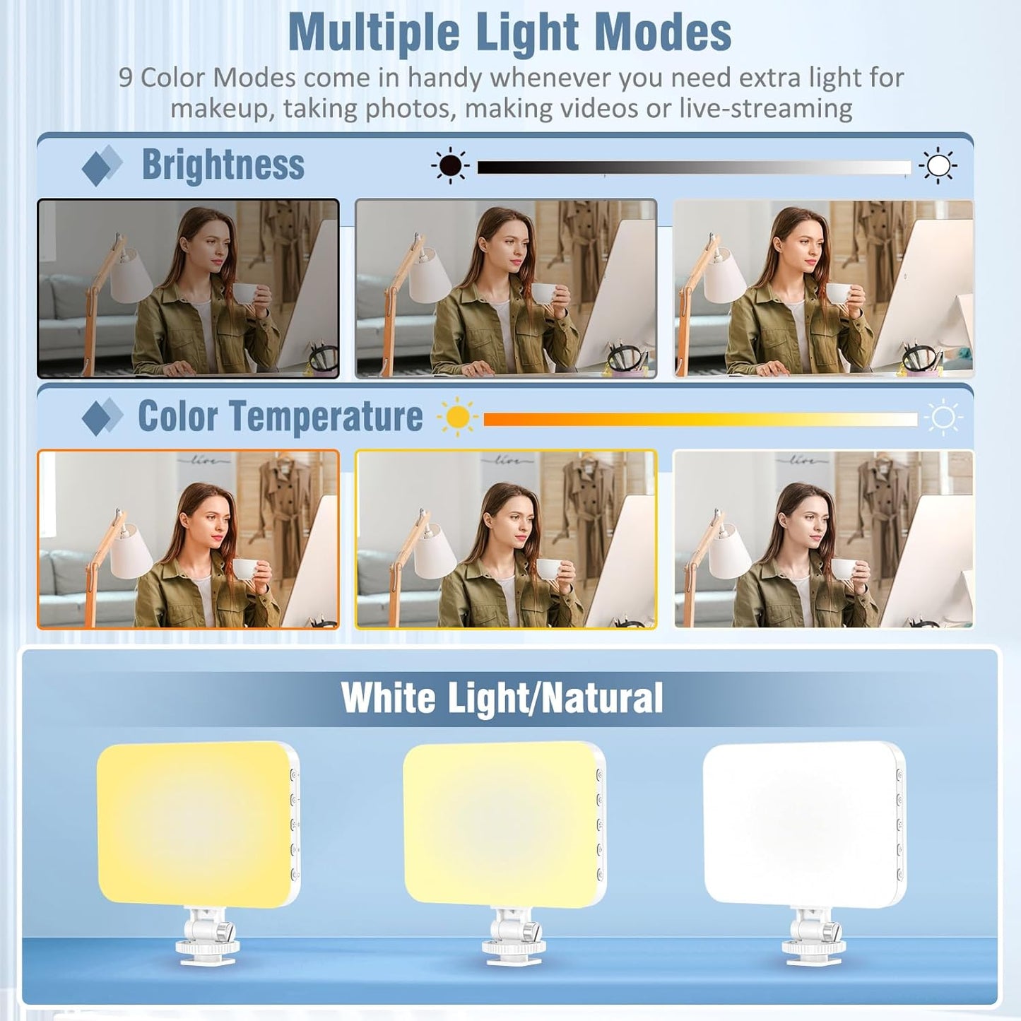 ALTSON 60 2200mAh 97+, 9 LED Portable Selfie Light Video Conference Lighting with Clip & Camera Tripod Adapter
