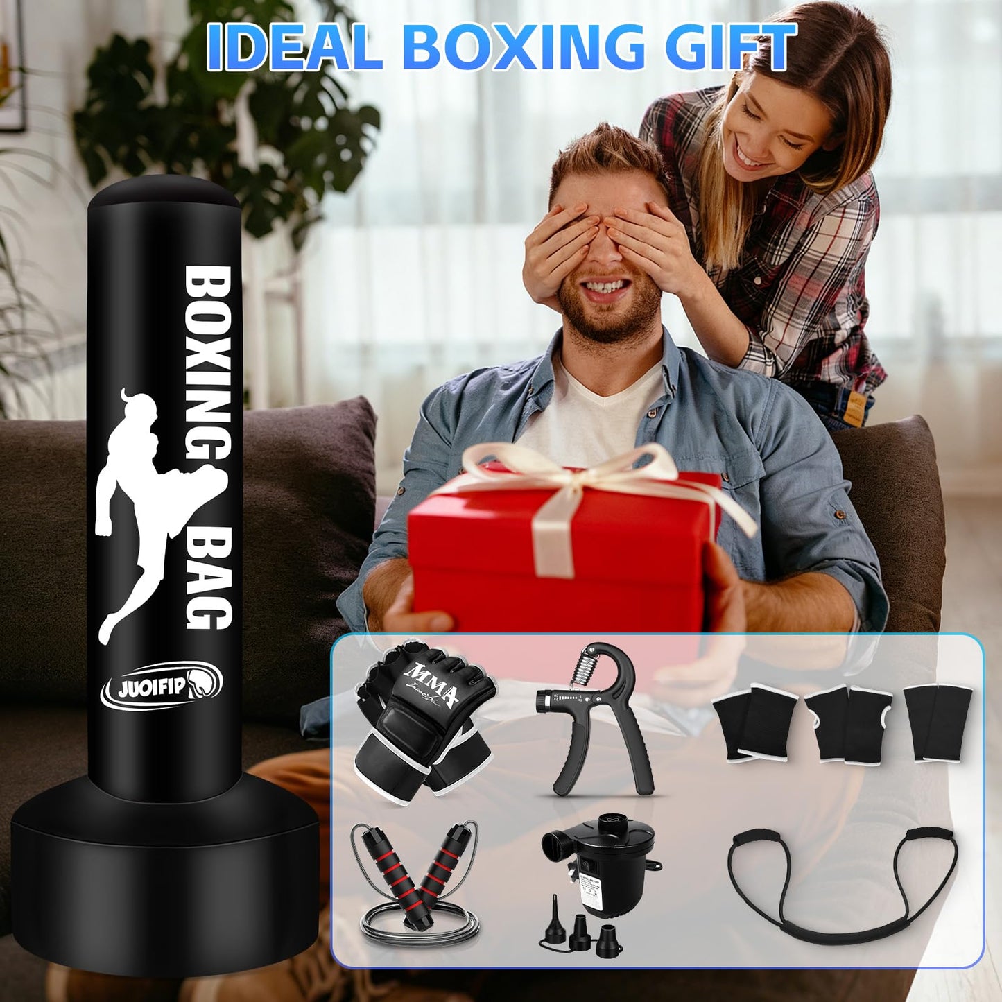 Standing Punching Bag for Adults, Boxing Bag with Stand for Stress Relief & Home Gym, Kicking Bag for MMA Training, Includes Boxing Gloves, Electric Air Pump, Grip Trainer, Jump Rope & Band