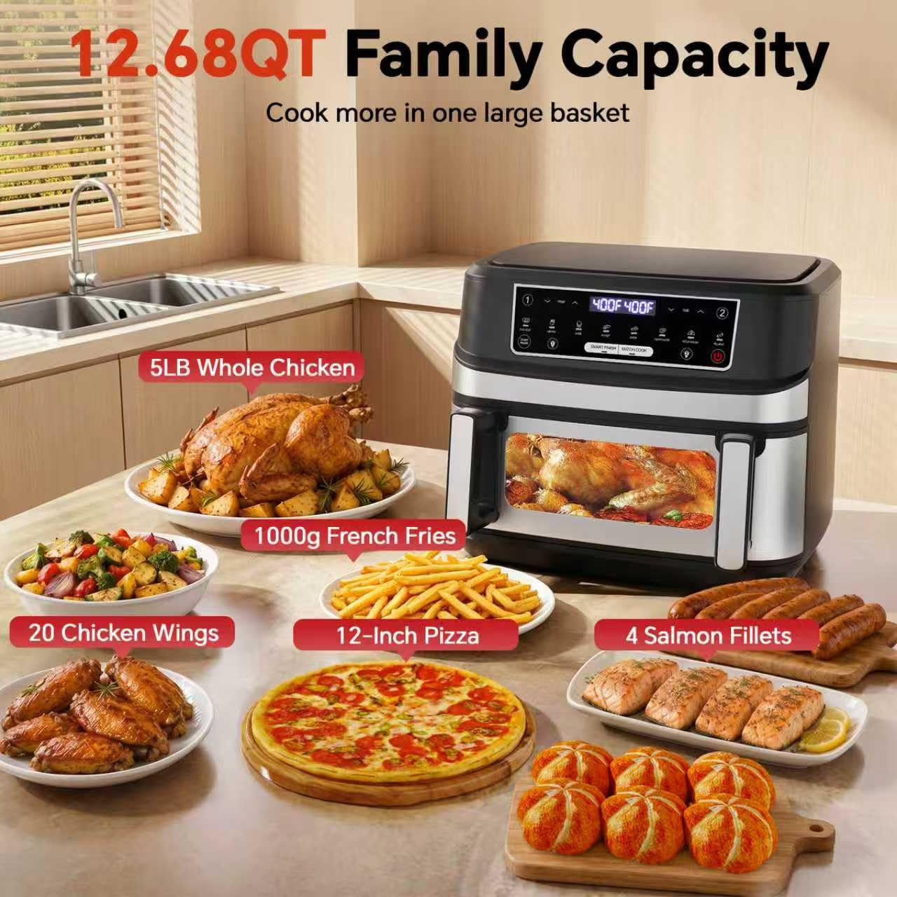 Emphsism 1600W Dual Zone Air Fryer Oven,12.69QT with Divider,Nonstick & Dishwasher-Safe Basket,Match Cook & Smart Finish to Roast,Recipes for Easy Cooking,Digital Touchscreen,Metal Sliver