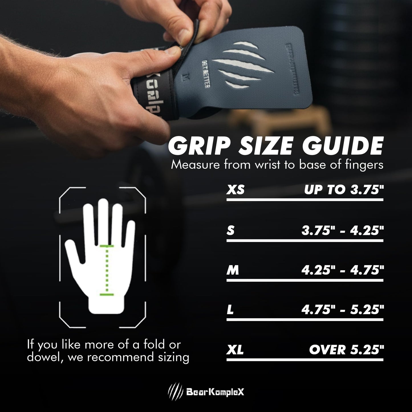Bear KompleX - Premium Hand Grips for Fitness & Gymnastics, No-Slip Pull Up Grips for Weight Lifting, Strength Training, and Bar Work, Palm Protection with Padded Wrists, Carbon No-Hole Design - Large