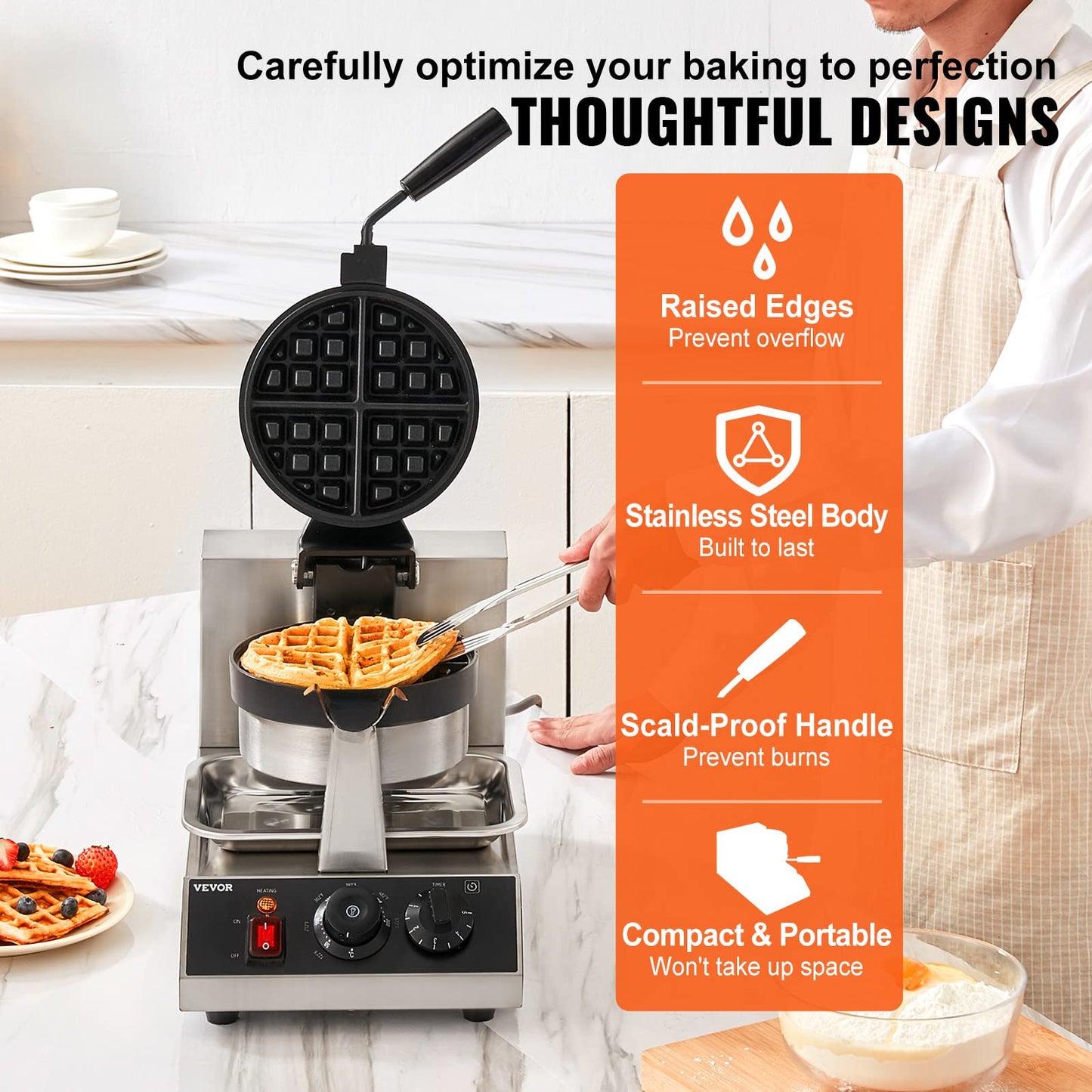 VEVOR Commercial Waffle Maker, 1300W Round Waffle Iron, Non-Stick Rotatable Waffle Baker Machine With 122-572℉ Temp Range and Time Control, Teflon-Coated Baking Pan Stainless Steel Body 110V