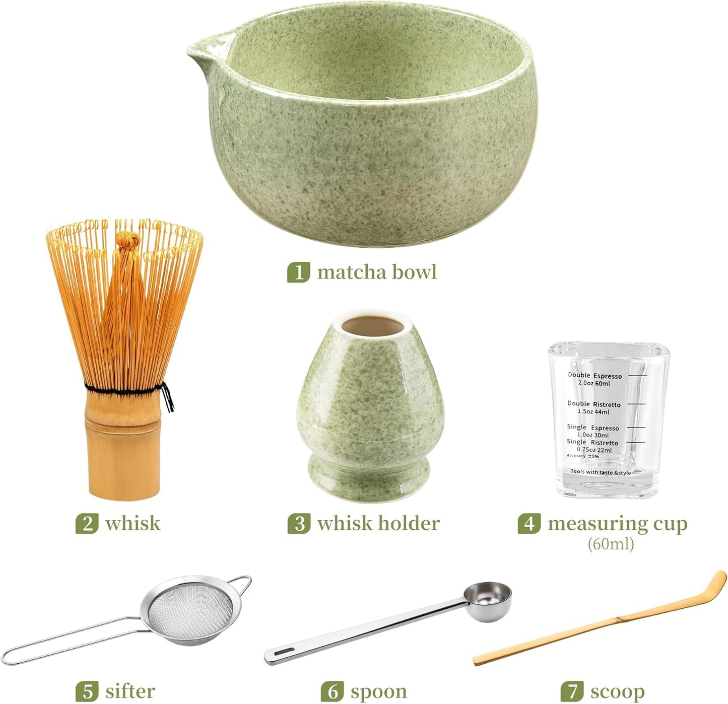 YIBO Matcha Whisk Set - Complete Ceramic Matcha Making Kit with Bamboo Whisk, Bowl & Tools | Mottled Green