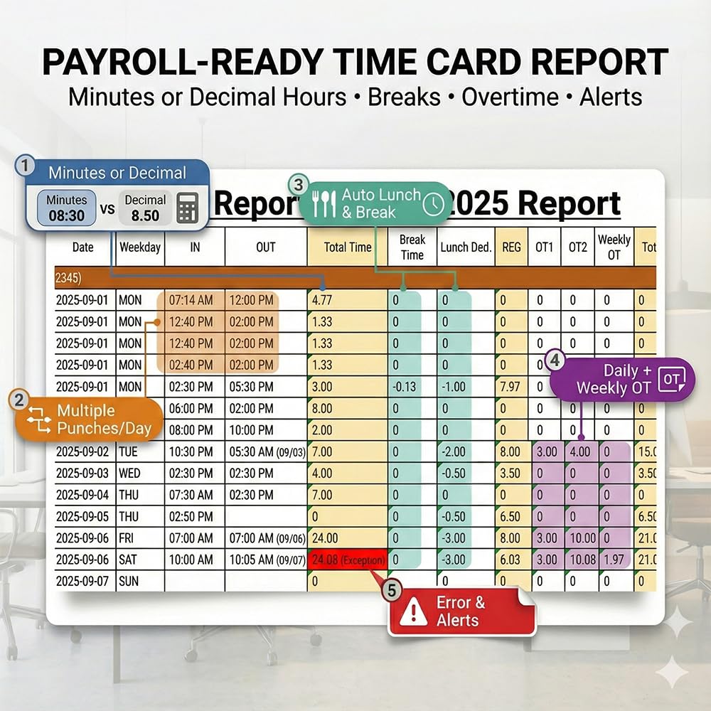 Tymelix Time Clock System: App Control & 5s Fast Connection, Customizable Rules & 4 Payroll Reports, 10 IC Cards, No Monthly Fee Biometric Fingerprint Time Clocks for Employees Small Business