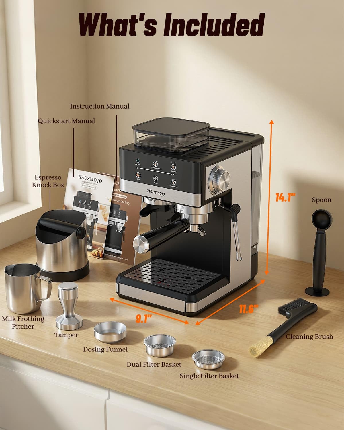 Hausmojo Espresso Machine with Grinder & Milk Frother, 20 Bar