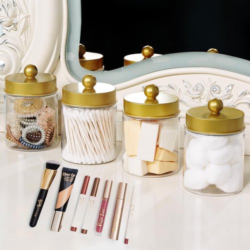 Amolliar Qtip Holder Dispenser - 8 oz Plastic Apothecary Jar for Vanity Makeup Storage - Gold Bathroom Canister Set