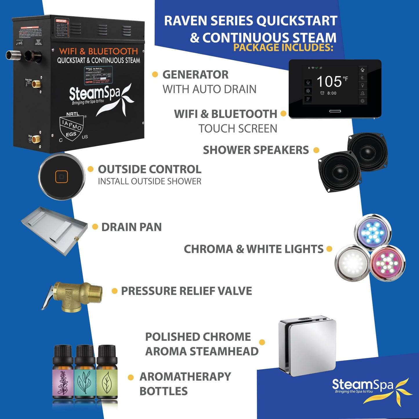 SteamSpa Steam System 9kW Steam Shower Generator with Bluetooth Wifi, Quickstart Continous Steam, Advanced Touch Pad Screen, Chroma Lights, Drain Pan and Auto Drain Chrome RVBS900CH-A