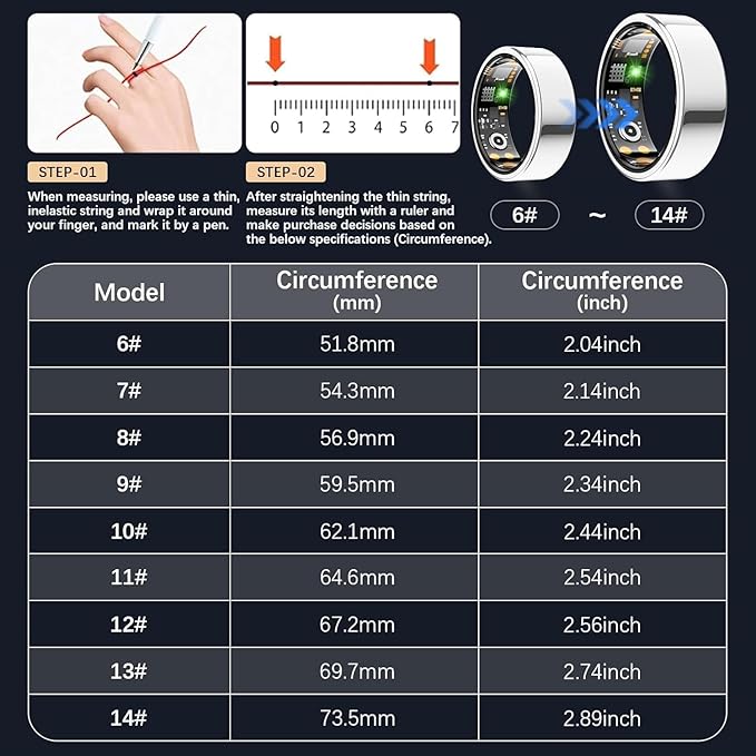 Smart Health Ring for Women Men, Fitness Tracker Ring with Heart Rate, Blood Oxygen, Sleep Tracker, Step Tracker, No Subscription Fee, IP68 Waterproof Smart Ring for iPhone & Android (Silver, 9#)