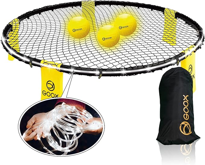 GOOX Outdoor Beach Ball Games with Carrying Bag, 3 Balls, Net and Strip Light (ONLY for Light Up Set)- Roundnet Game Set for Family - Played Outdoors, Indoors, Beach, Lawn, Yard and Park