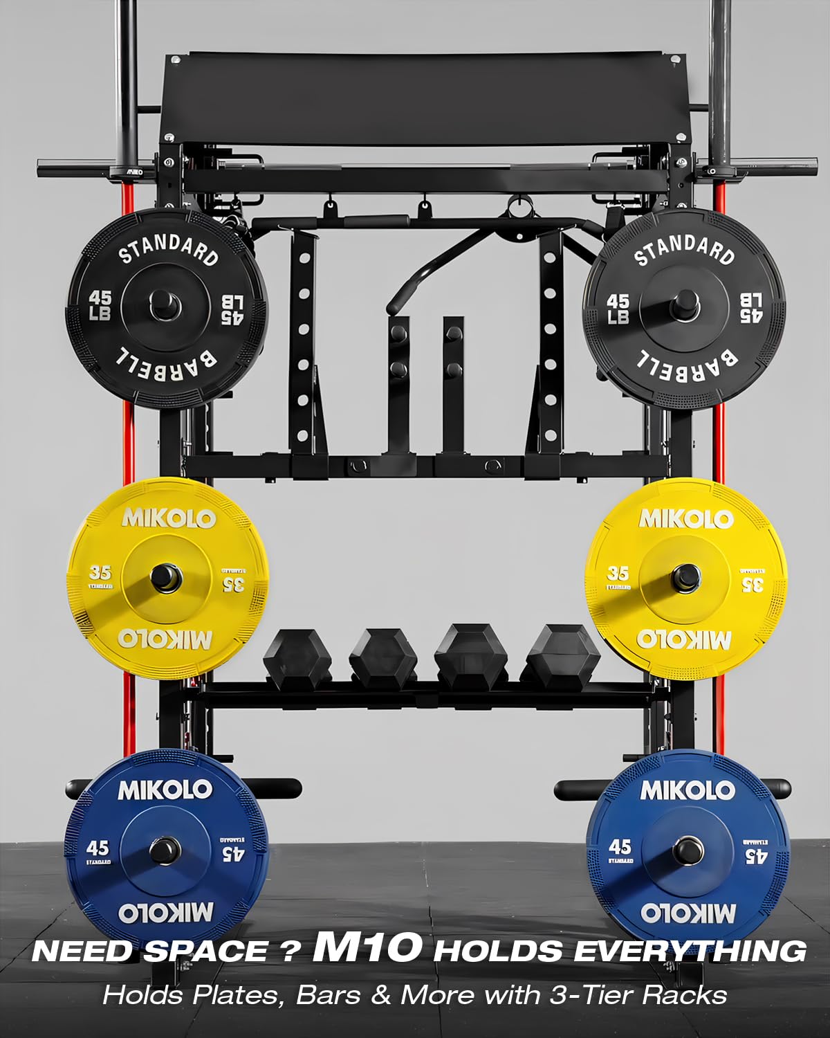 Mikolo Smith Machine, Multi-Function Power Cage with Dual Pulley System, Vertical Leg Press Attachment, Squat Rack Power Rack with More Training Attachment for Home Gym (M10 with Pivot Arm)
