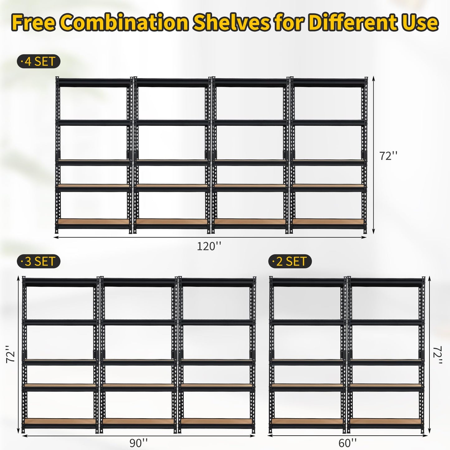 MilleLoom 48 in l x 18 in w x 72 in h 5-Tier Heavy Duty Storage Shelving Unit, 2500 LBS Capacity, Adjustable Metal Rack for Garage, Kitchen Pantry, Basement Organization