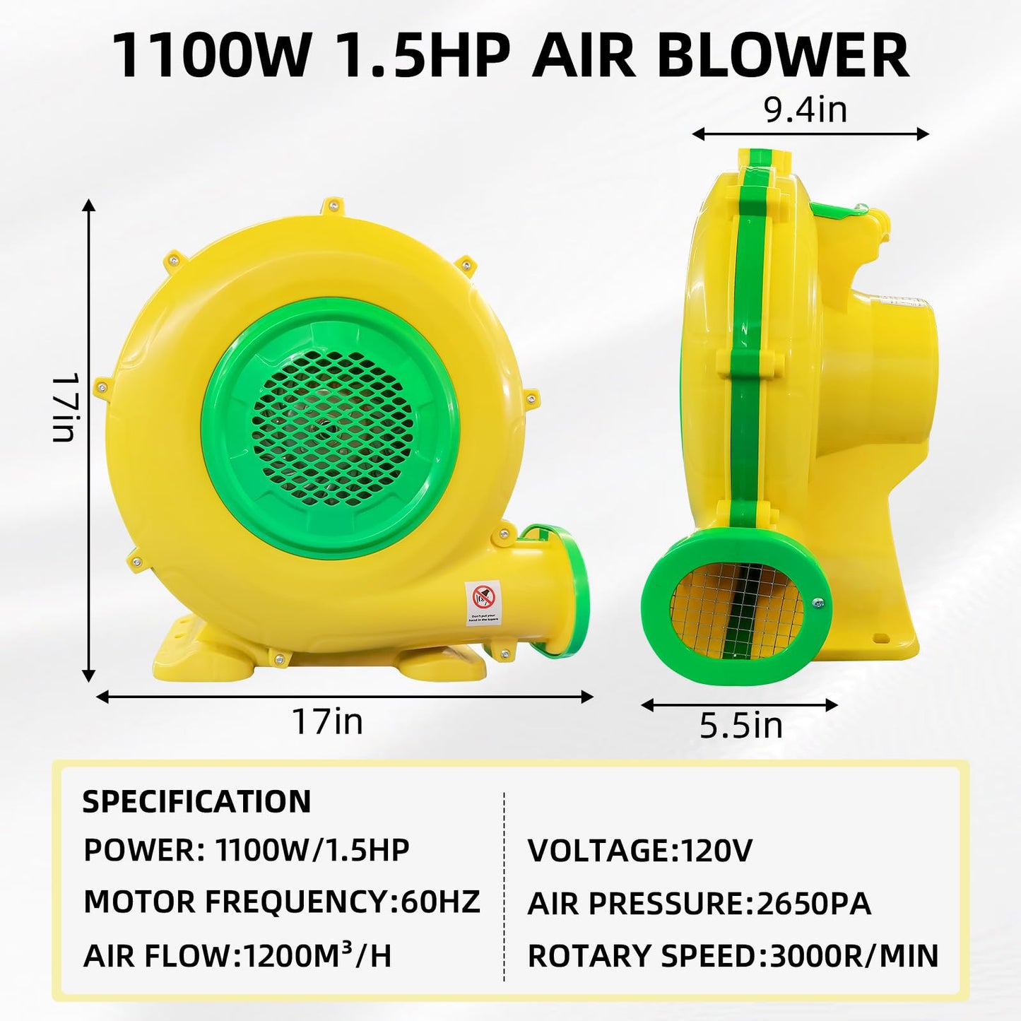 1100Watt/1.5HP High Power Air Blower for Large Inflatables, GONFLABLE Inflatable Bounce House Blower, Portable Fan Pump Leaf Blower Corded Commercial for Bouncy Castle, Jumper, Water Slide