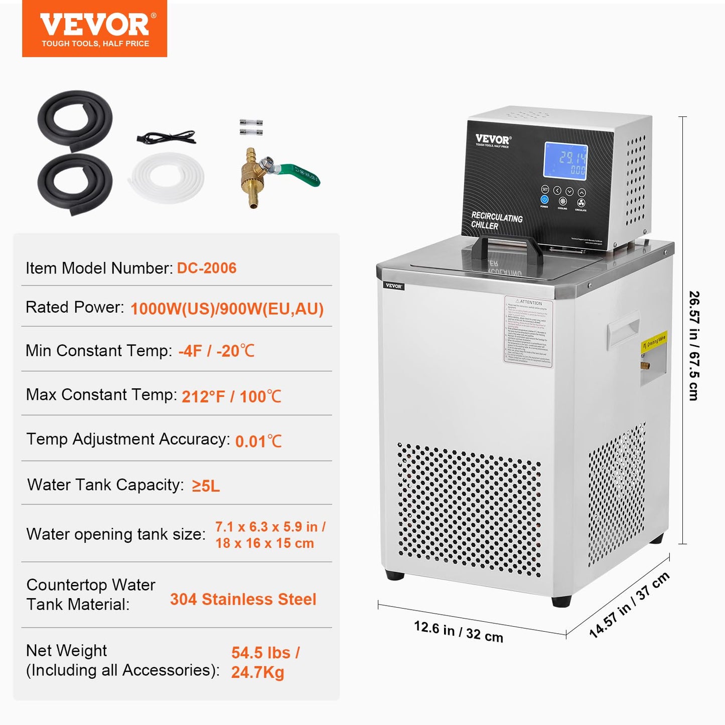 VEVOR Laboratory Chiller Circulator, -20℃ ~100℃ Circulator Pump Chiller, 6L Chiller Lab Low Temperature Cooling Liquid, LCD Display, 304 Stainless Steel Water Bath Recirculating Water Cooling