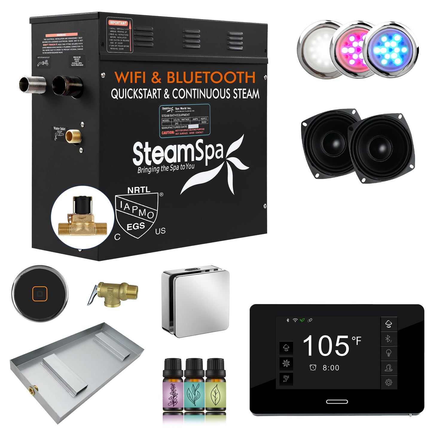 SteamSpa Steam System 9kW Steam Shower Generator with Bluetooth Wifi, Quickstart Continous Steam, Advanced Touch Pad Screen, Chroma Lights, Drain Pan and Auto Drain Chrome RVBS900CH-A
