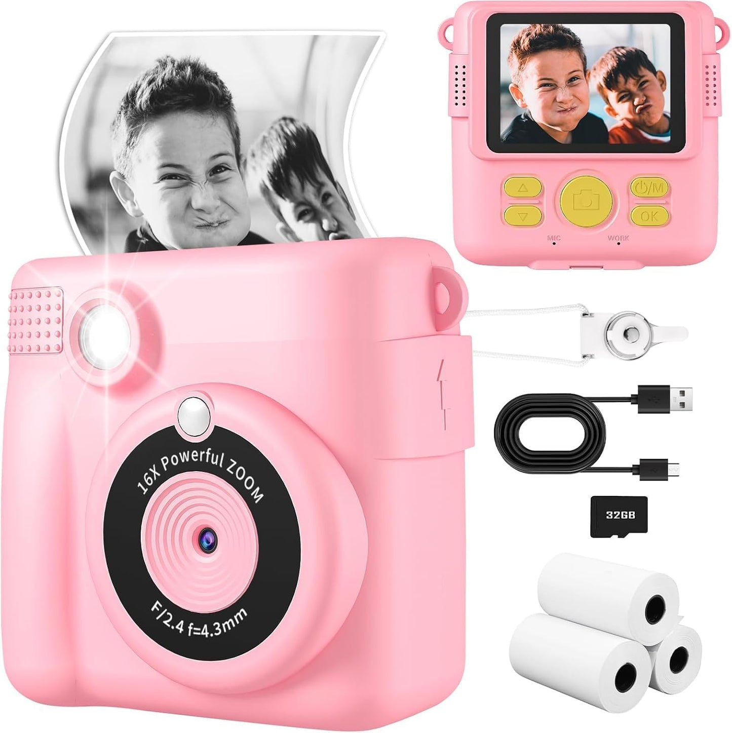 WEEFUN 16X 32G 2.4Screen 4 5 6 7 8 9 10 Kids Camera Instant Print, Safe Toddler Camera, HD Digital Cameras Digital Zoom