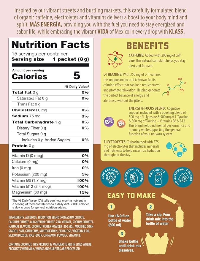 Hydration + Energy Electrolyte Drink Mix ??Coffee Horchata Agua Fresca Flavor | Sugar-Free Powder with Caffeine, L-Theanine, Coconut Water & Minerals | 15 Single-Serve Stick Packs