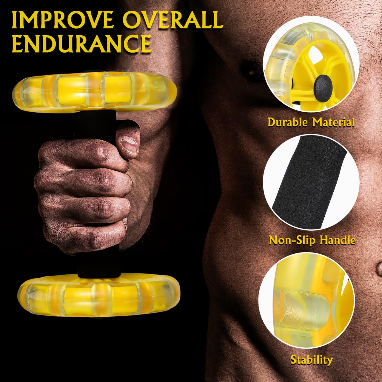 Kisangel Dual Ab Roller Wheel Set for Core Workout, Portable Abdominal Exercise Equipment with Foam Grip for Home Gym, Lightweight Fitness Training Tool for Men and Women, Yellow
