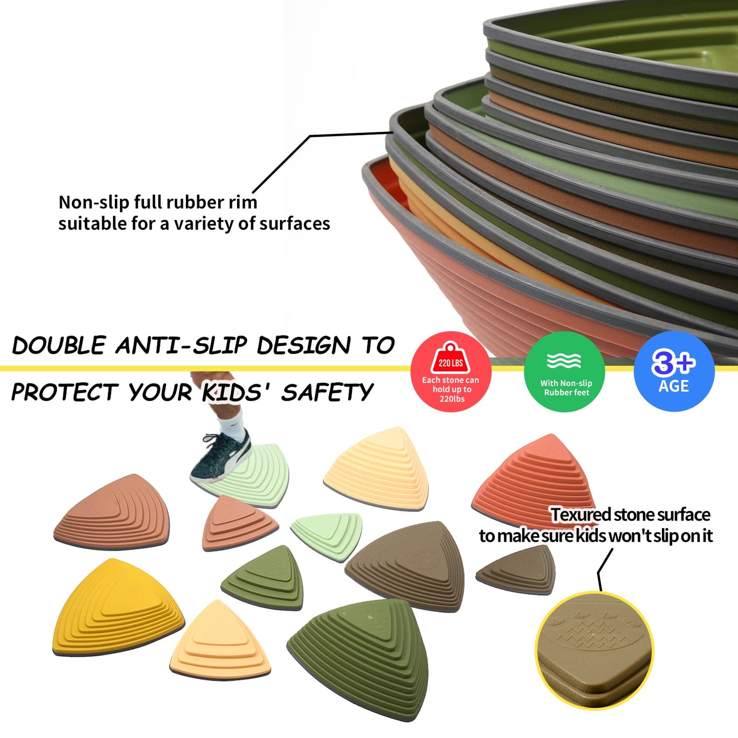 makarci Stepping Stones for Kids 12pcs Obstacle Courses Play Indoor Outdoor, Full Rubber Rim Plastic Hilltop for Kids Balance and Integration Improvement Age 3 4 5 6 7 8 +（Forest）