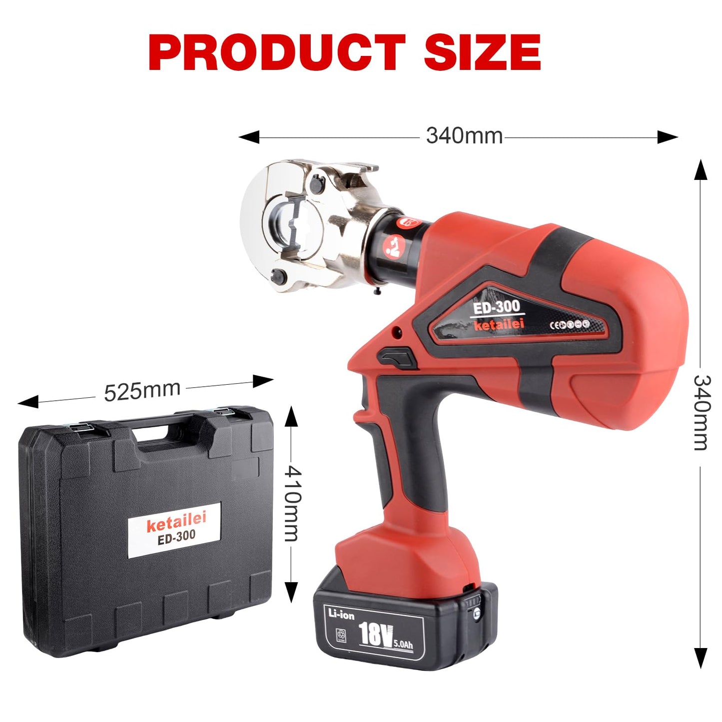 ketailei 6 Ton Electric Hydraulic Crimper, 5.0Ah High-Capacity Battery, Smart Chip Protection, Oil-Resistant Cable Lug Crimping Tool for 6AWG-600MCM Copper Terminals, Industrial Use（ED-300）